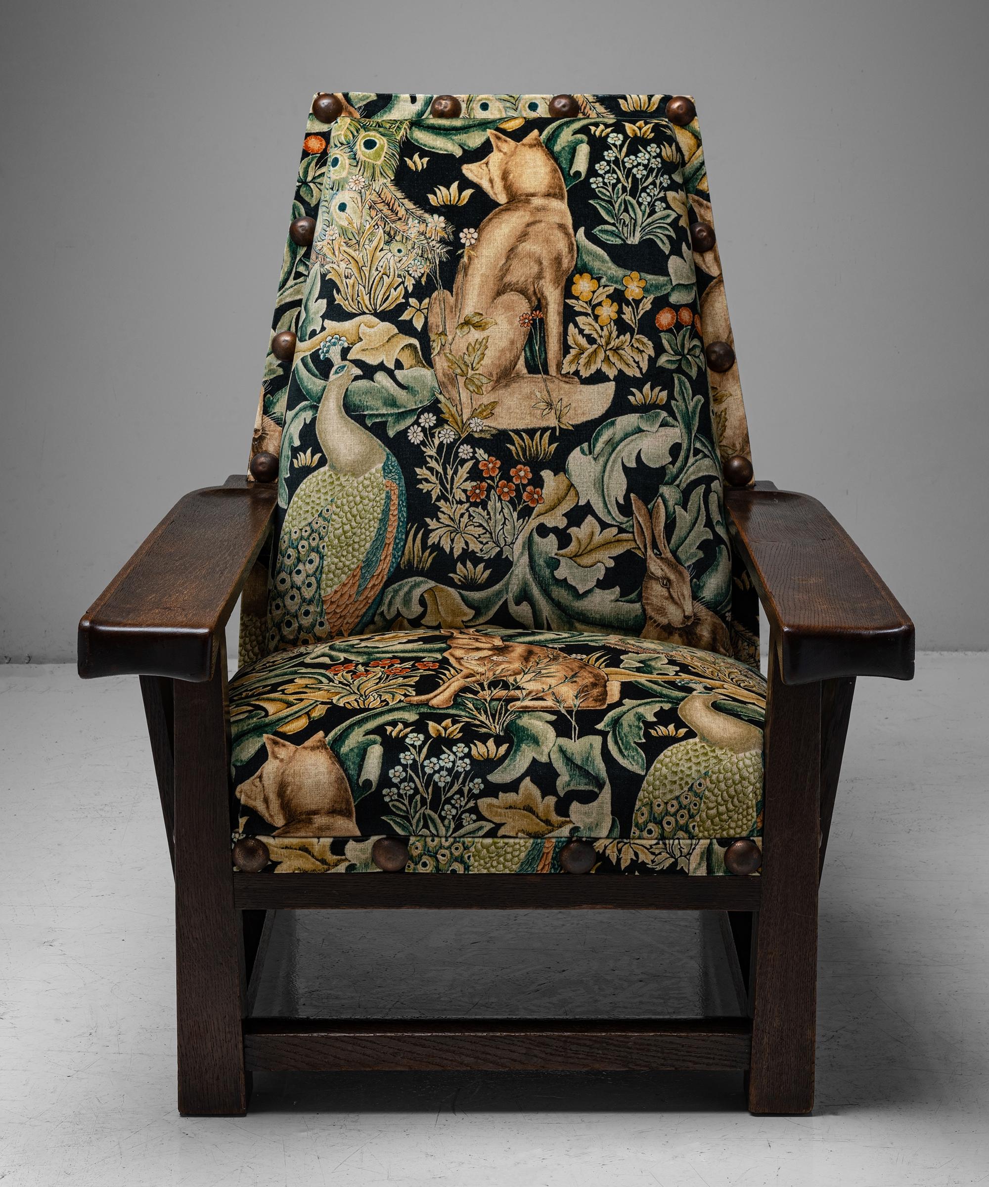 English Pair of Oak Armchairs by Leonard Wyburd in Cotton Velvet from William Morris