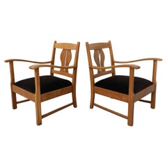 Pair of Oak Art Deco "Amsterdam School" Armchairs with Espresso Mohair Seats