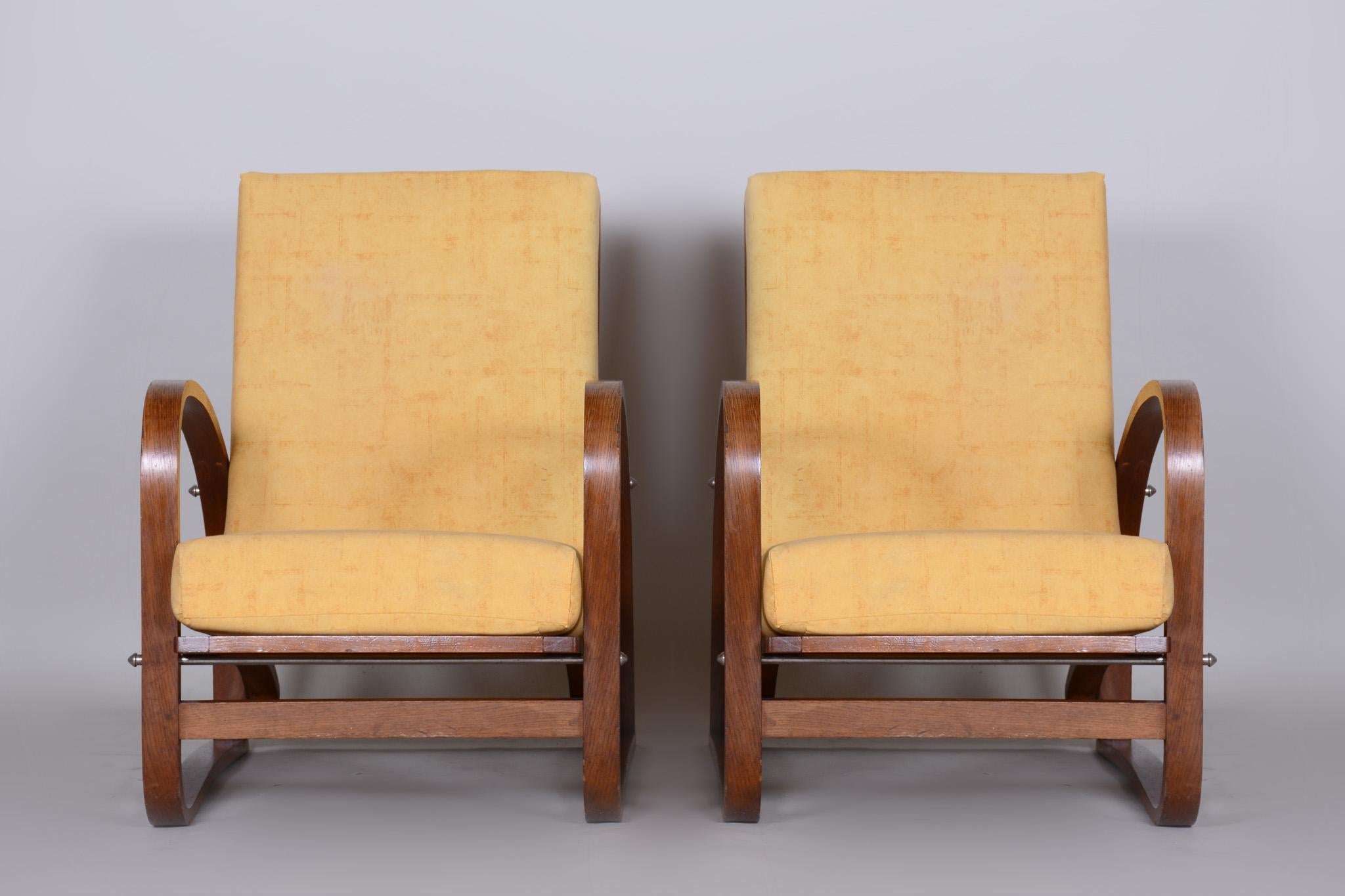 Pair of Oak Art Deco Armchairs by Jindrich Halabala, 1930s, Original Condition 2