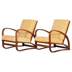 Pair of Oak Art Deco Armchairs by Jindrich Halabala, 1930s, Original Condition