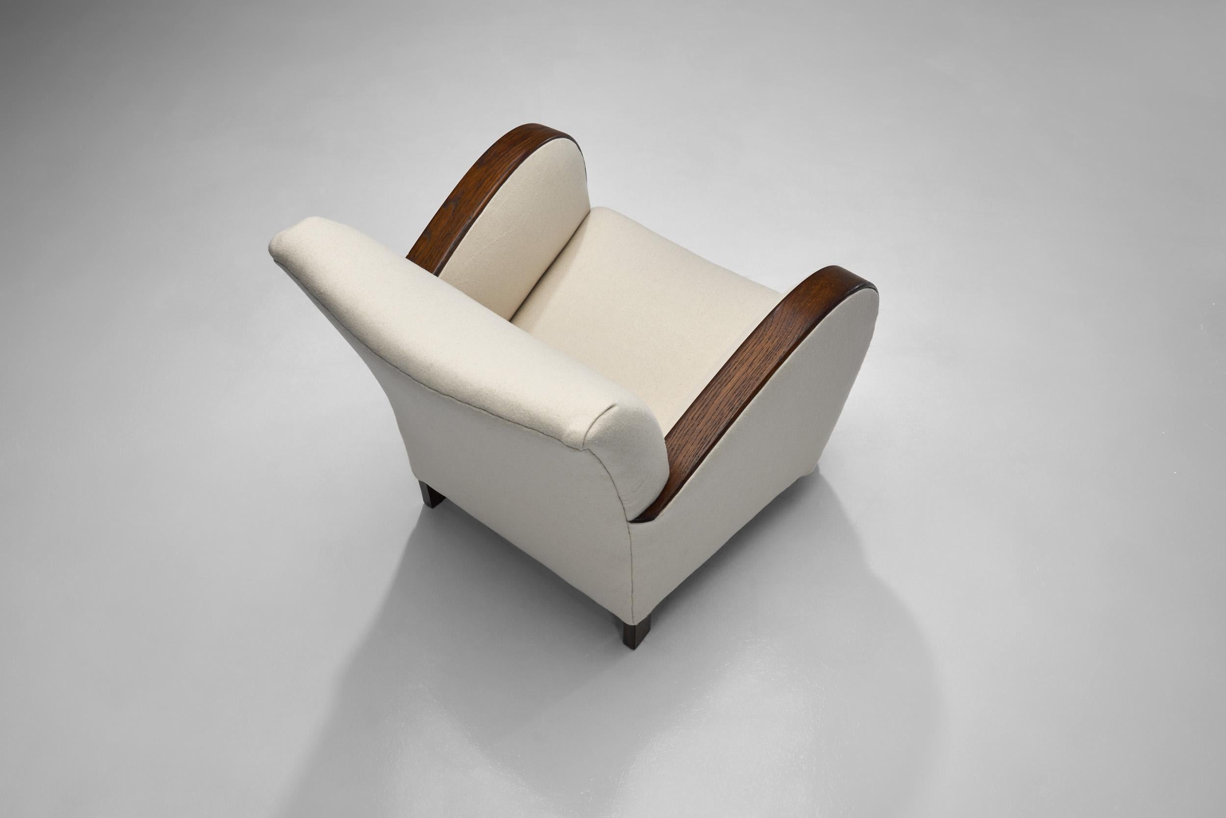 Fabric Pair of Oak Art Deco Armchairs, Europe ca 1930s For Sale