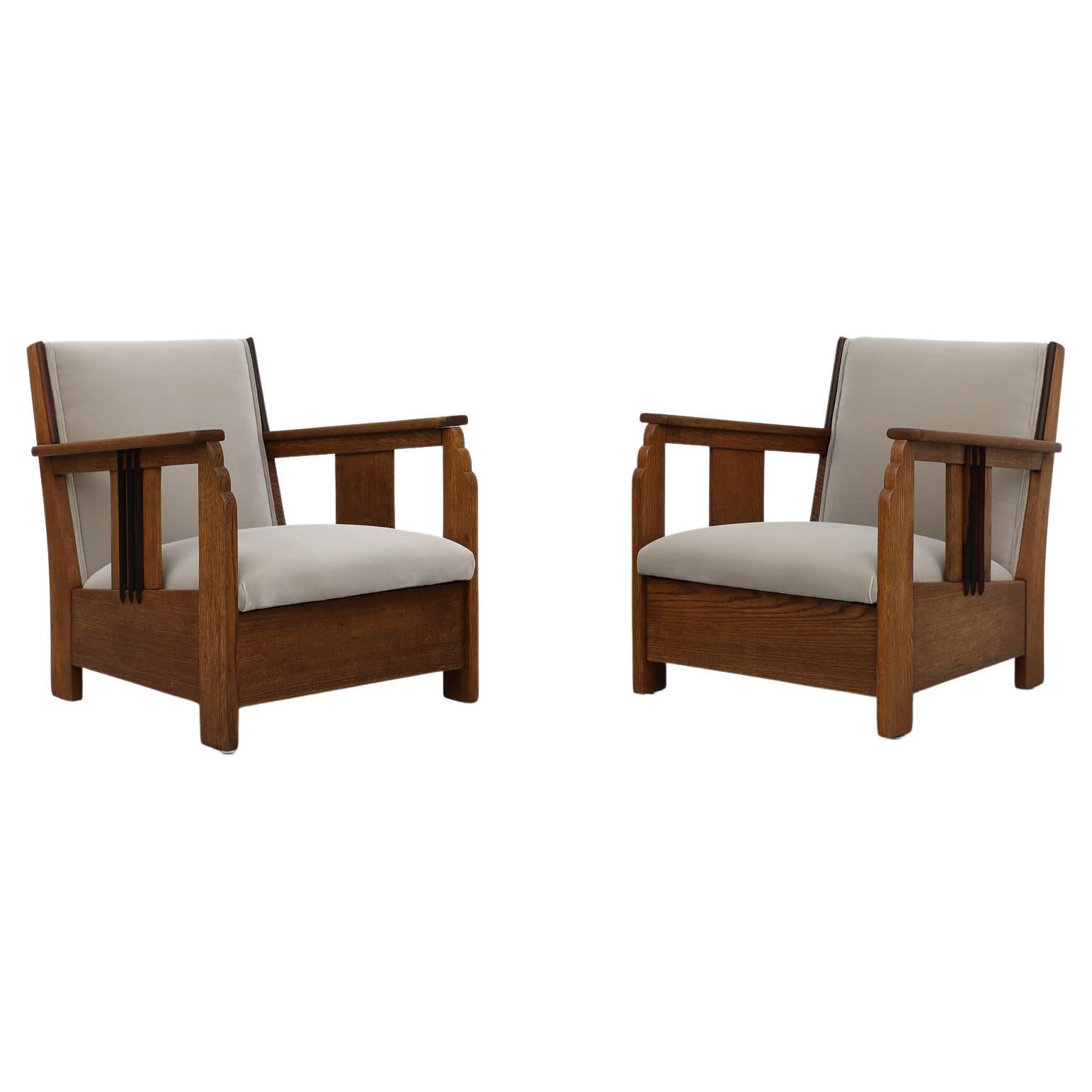 Pair of Oak Art Deco Lounge Chairs with New Upholstery