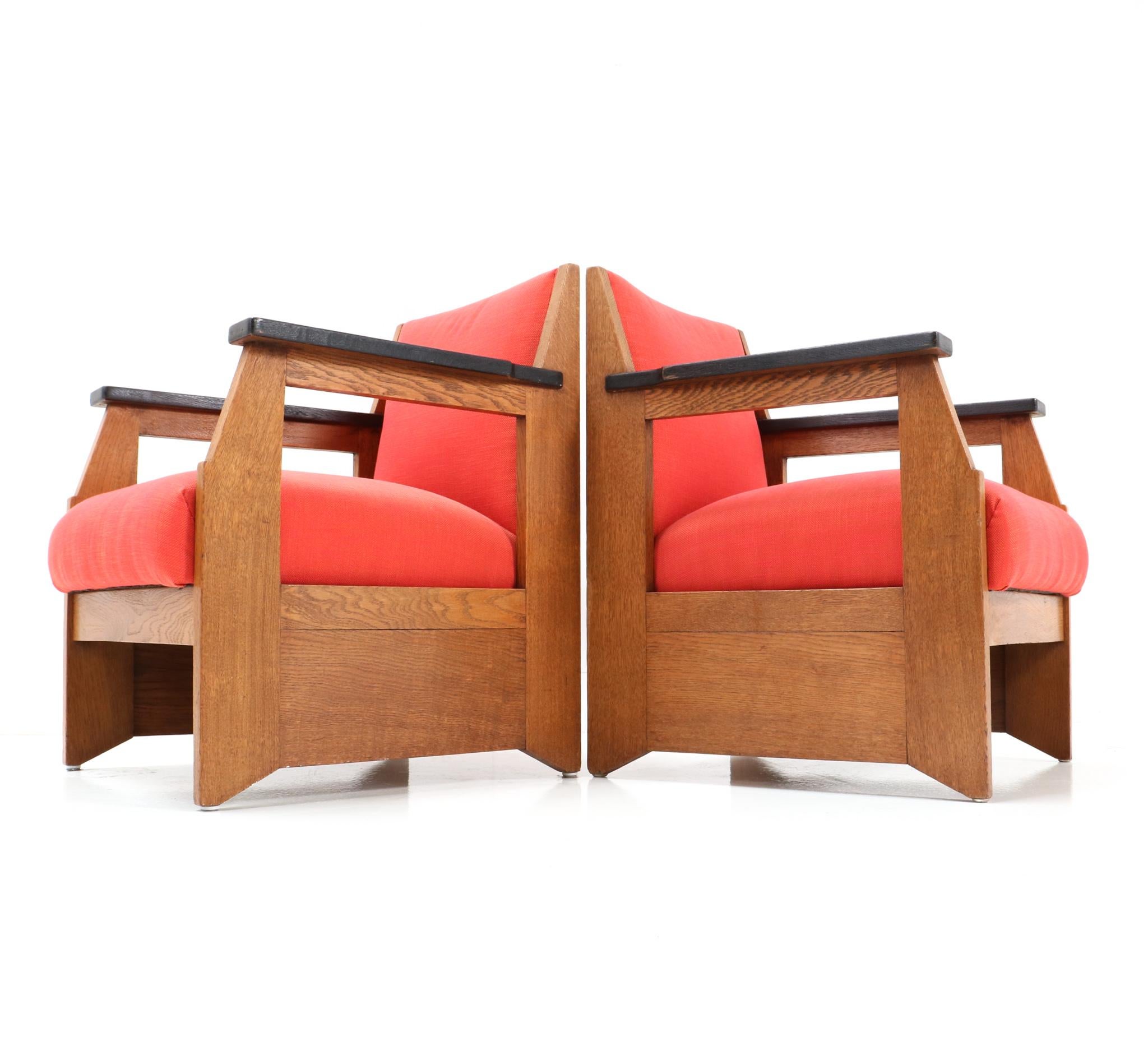 Pair of Oak Art Deco Modernist Easy Chairs by Hendrik Wouda for Pander, 1924 In Good Condition For Sale In Amsterdam, NL