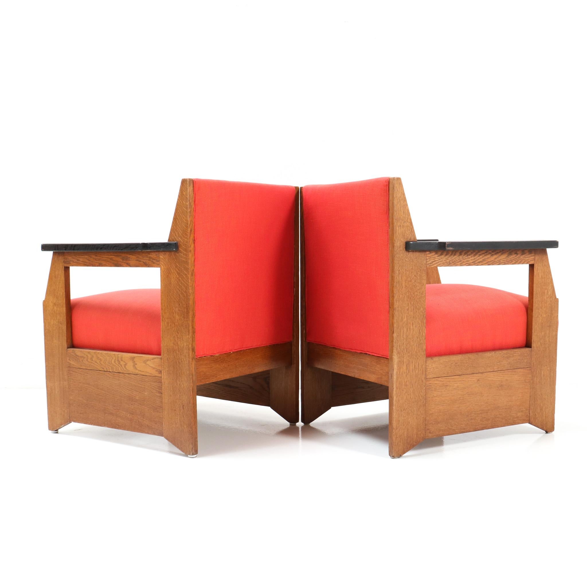 Fabric Pair of Oak Art Deco Modernist Easy Chairs by Hendrik Wouda for Pander, 1924 For Sale