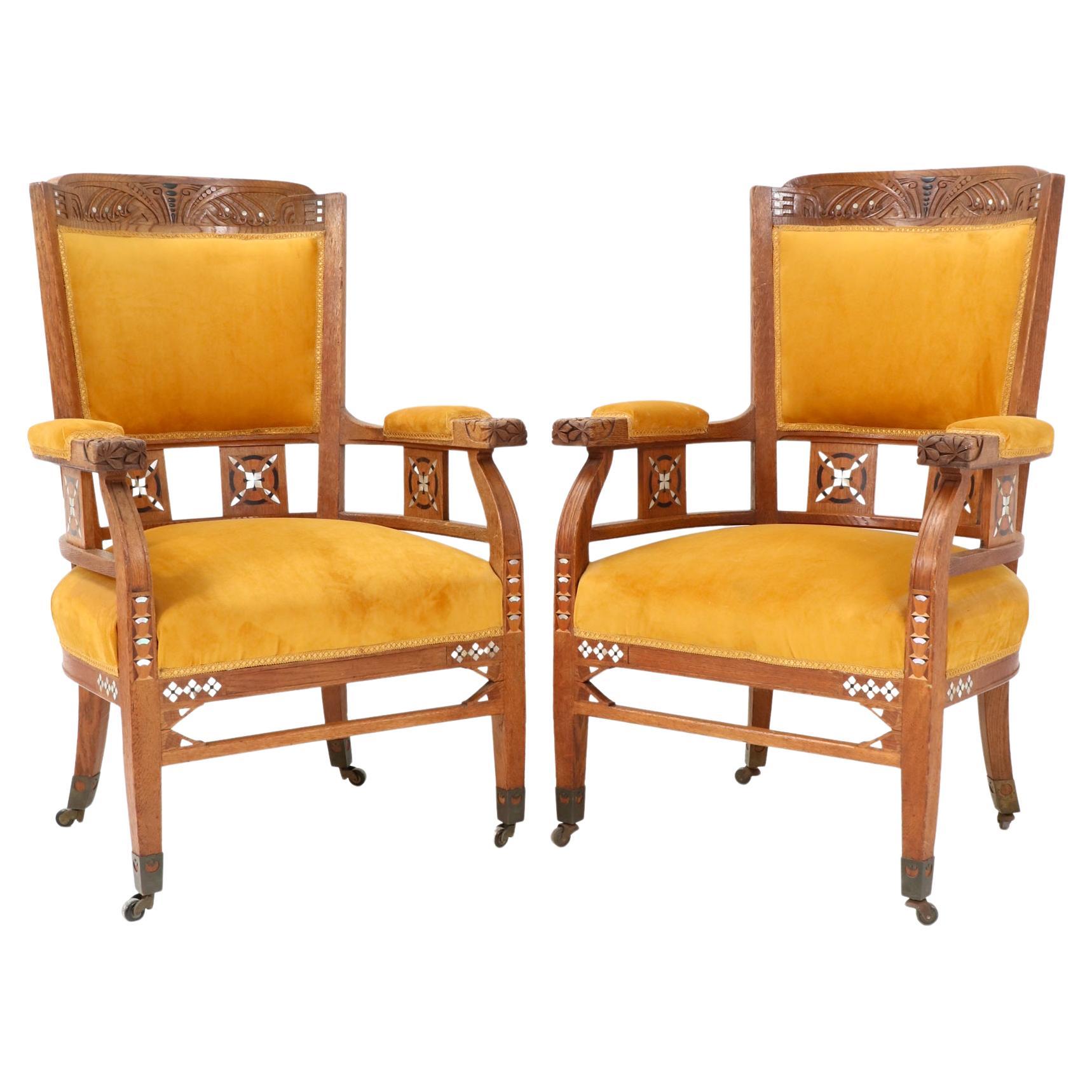 Pair of Oak Art Nouveau Arts & Crafts Armchairs by H.F. Jansen & Zonen Amsterdam