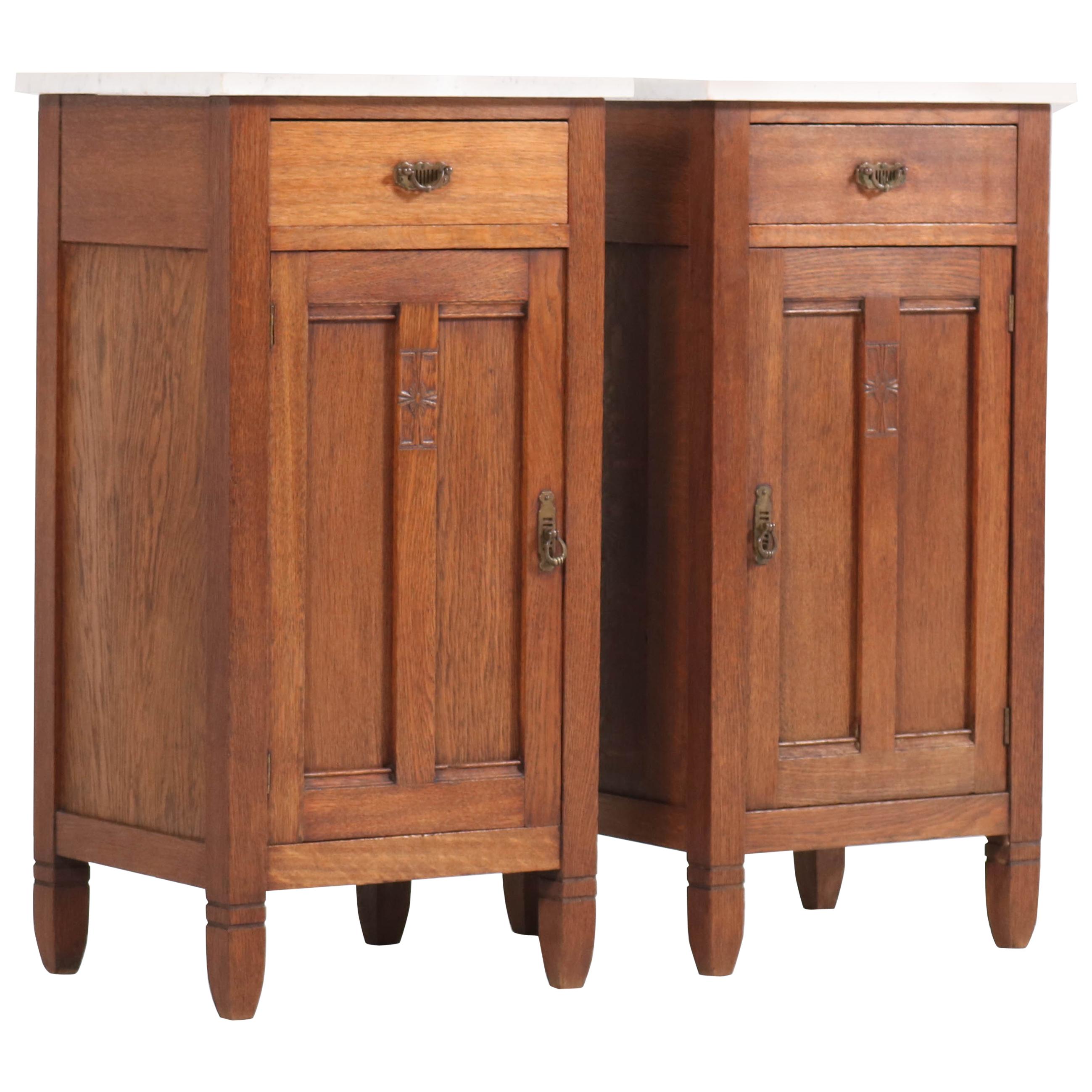 Pair of Oak Art Nouveau Arts 
Crafts Nightstands by H. Pander 
Zonen, 1900s