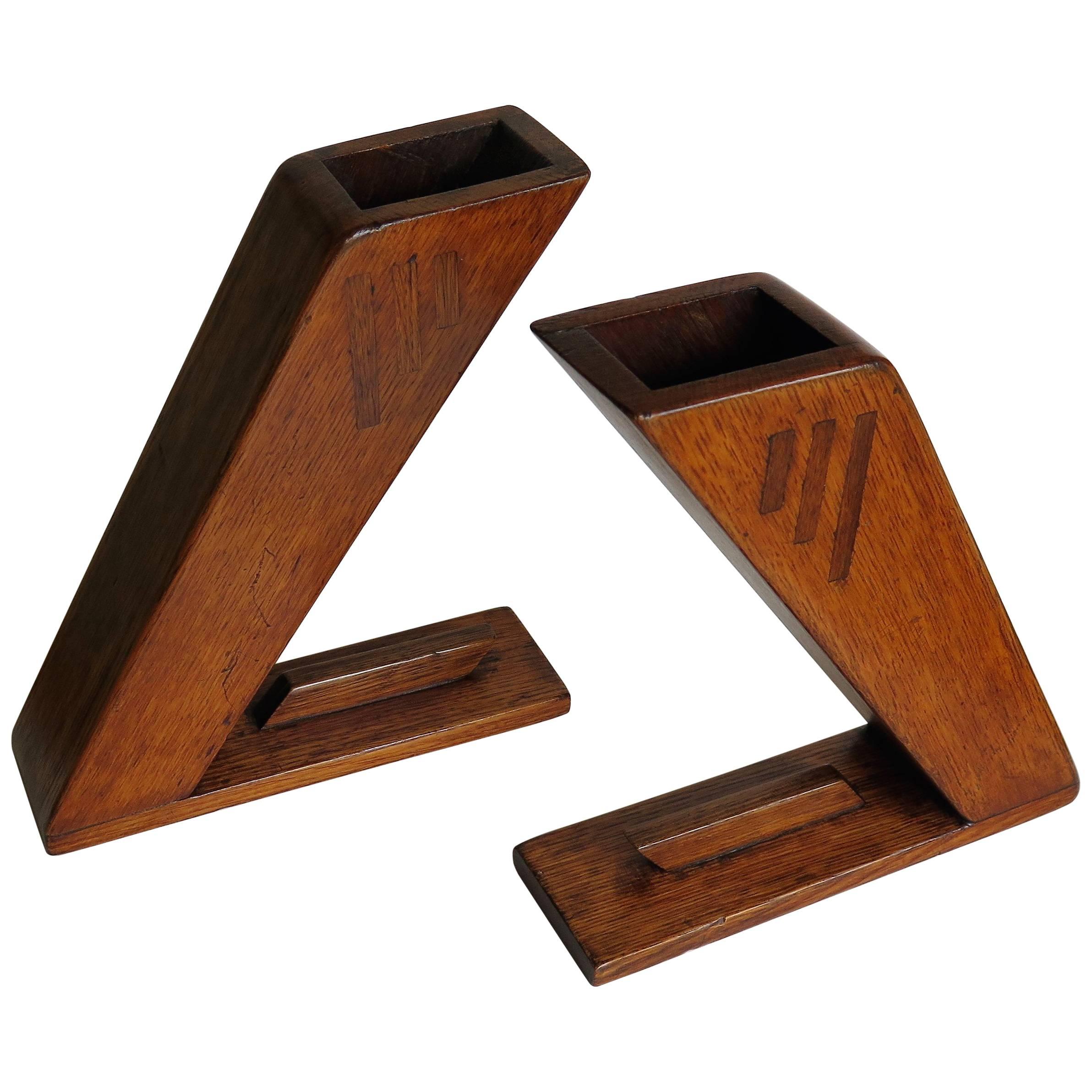 PAIR of Arts and Crafts Vases or Bookends Inlaid Oak, Circa 1890