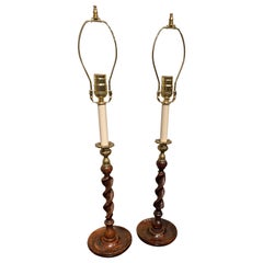 Pair of Oak Barley Turned Candlestick Lamps