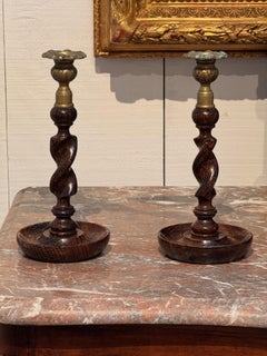 Pair of Oak Barley Twist Candlesticks With Brass Sconces