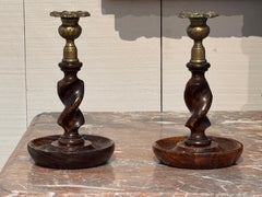 Pair of Oak Barley Twist Candlesticks With Brass Sconces