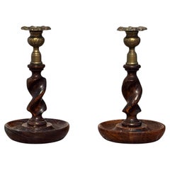 Pair of Oak Barley Twist Candlesticks With Brass Sconces