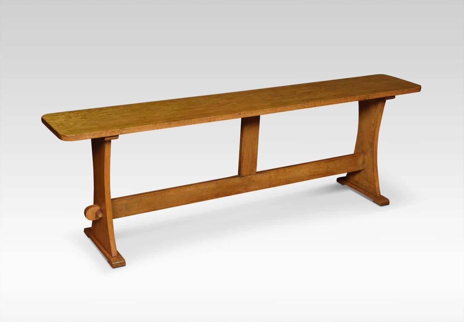 Pair of benches, the large rectangular solid oak seats raised up on trestle ends united by stretcher
Dimensions:
Height 19.5 inches
Width 60.5 inches
Depth 10 inches.