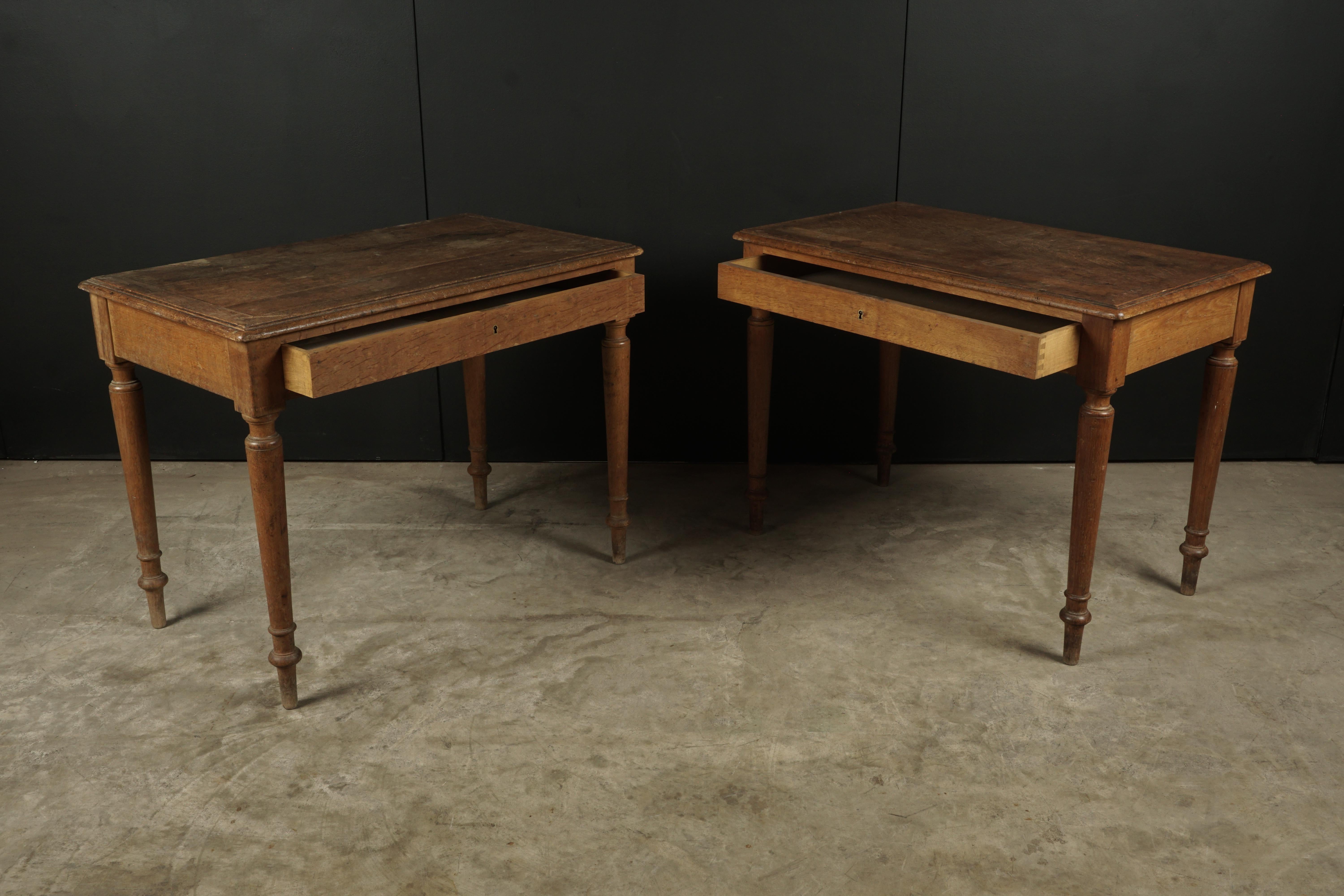 European Pair of Oak Bistro Tables from France, circa 1950