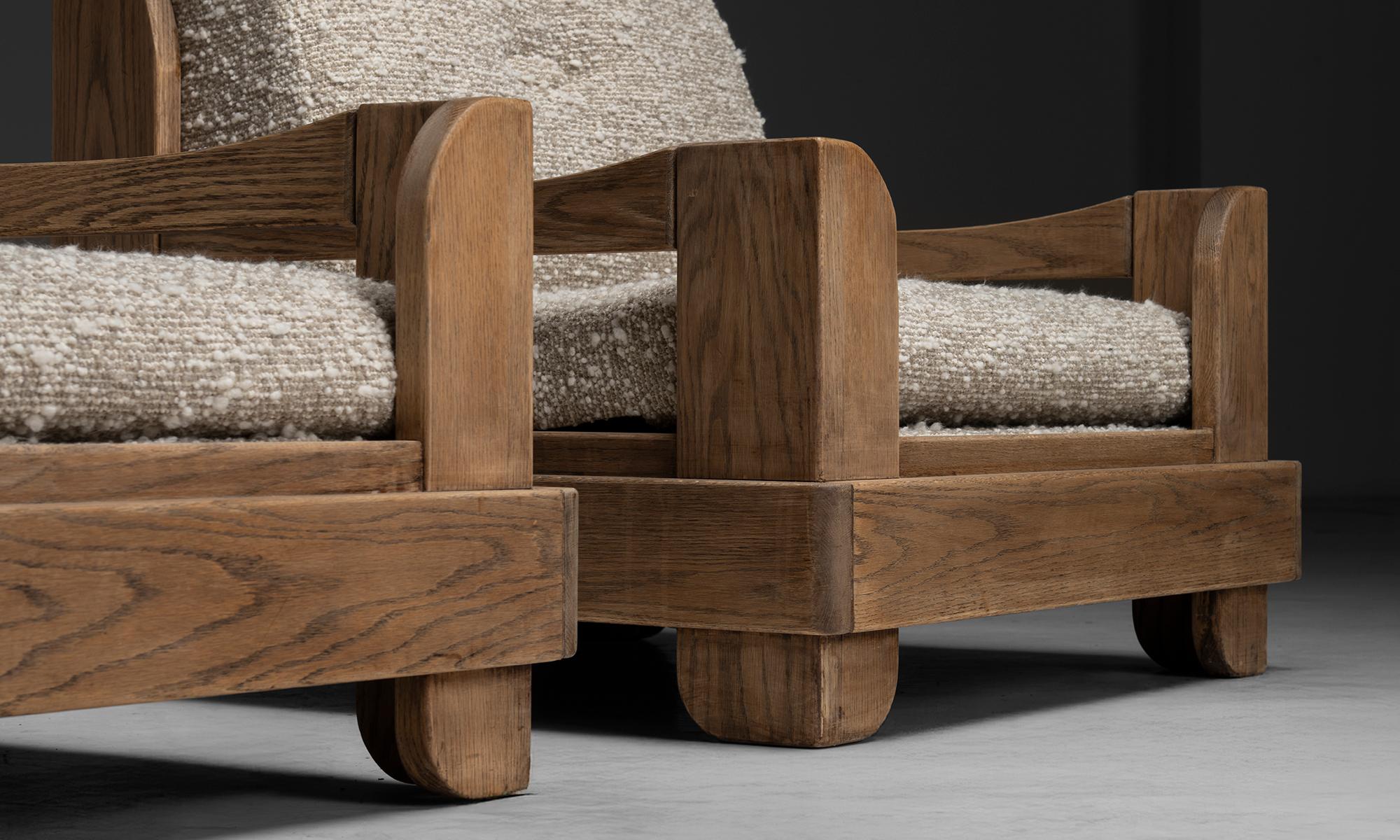 Belgium, 1970
Solid oak frames with recent boucle cushions.
33”w x 35.5”d x 32”h x 14”seat
Ref. CHAIR1357
$ 9,200 pair