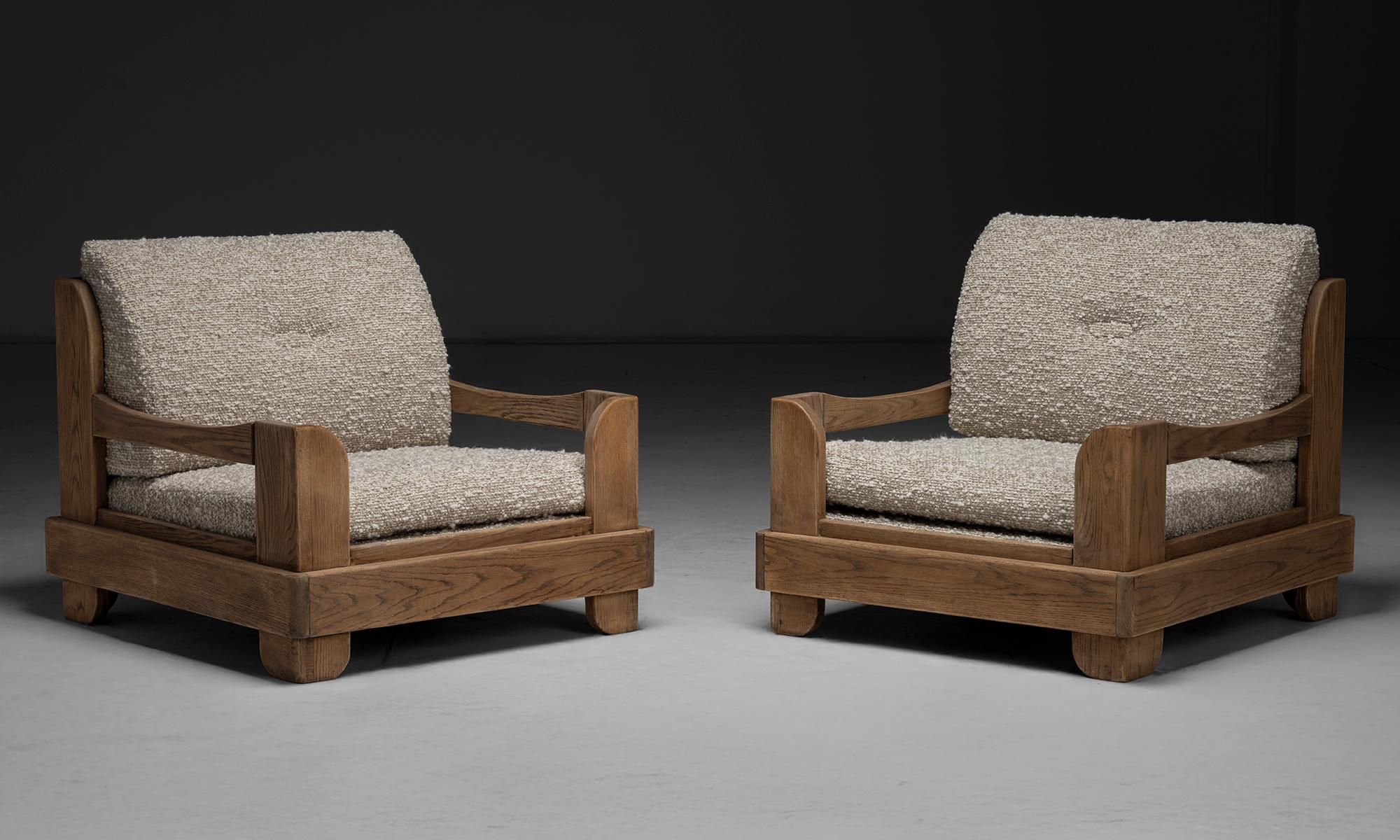 Bouclé Pair of Oak & Boucle Armchairs, Belgium circa 1970 For Sale