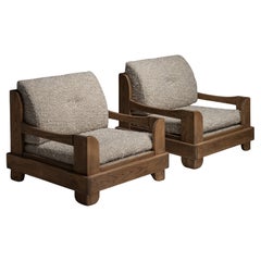 Pair of Oak & Boucle Armchairs, Belgium circa 1970