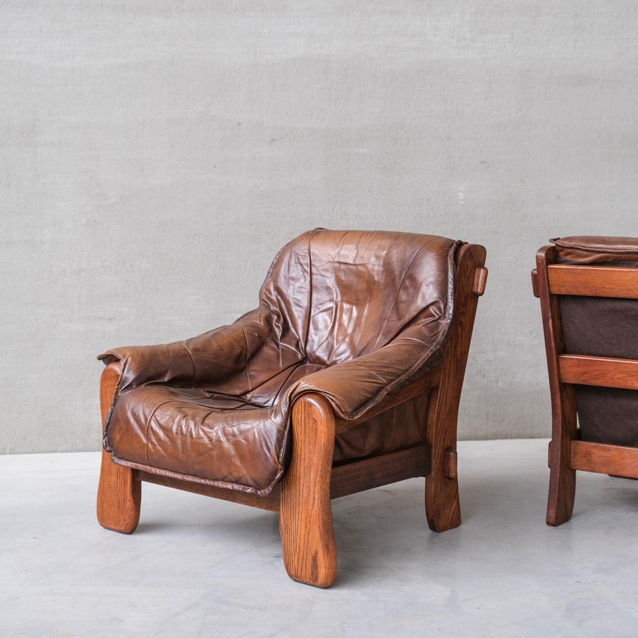Pair of Oak Brutalist Leather Midcentury Armchairs For Sale 8