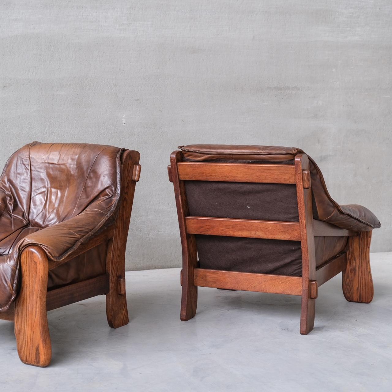 Pair of Oak Brutalist Leather Midcentury Armchairs For Sale 9