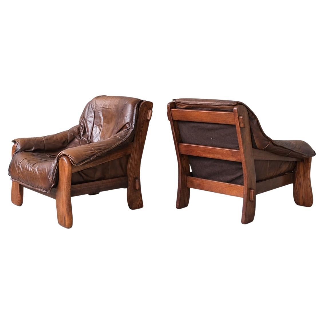 Pair of Oak Brutalist Leather Midcentury Armchairs For Sale