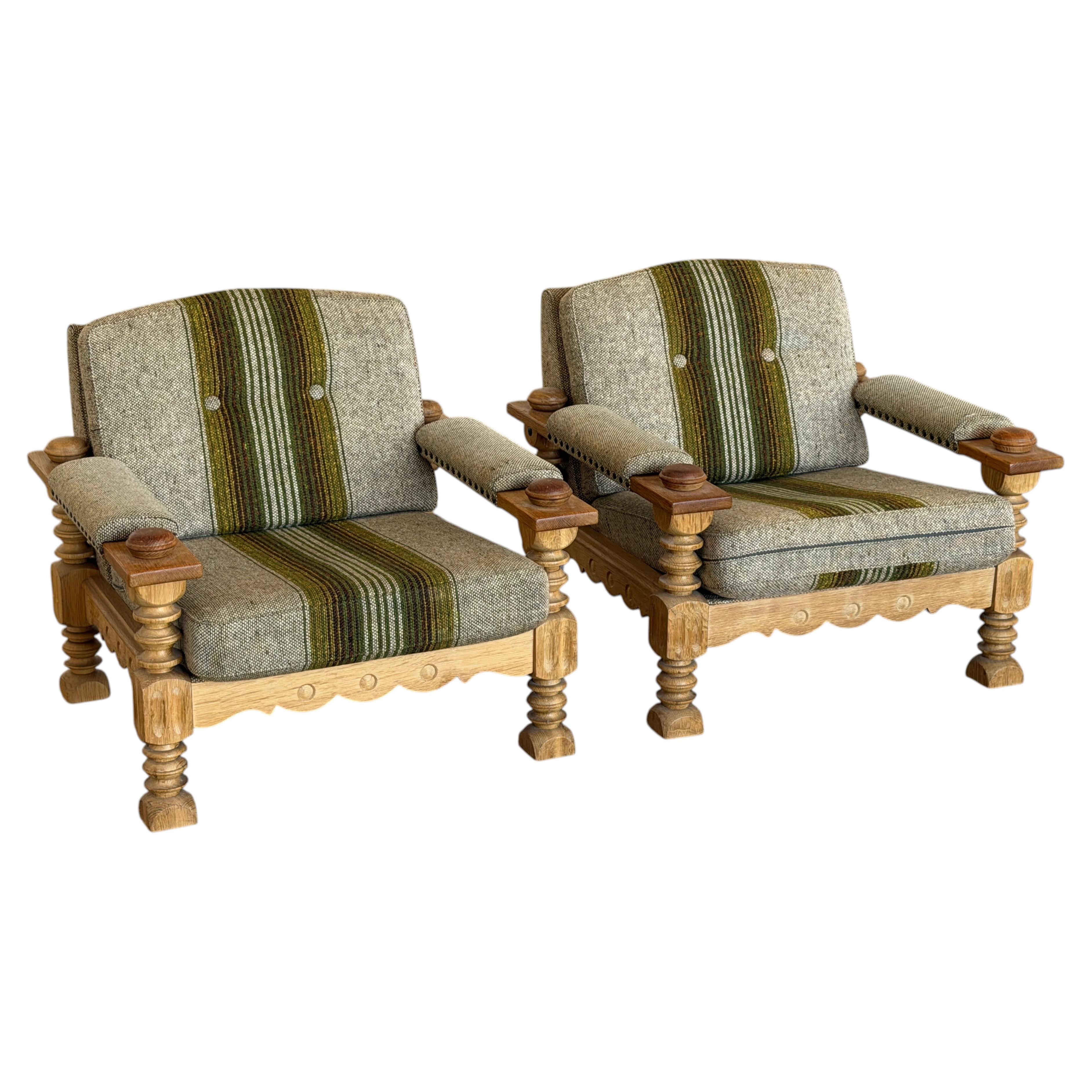 Pair of Oak Brutalist Lounge Chairs, Henning Kjærnulf, 1960s