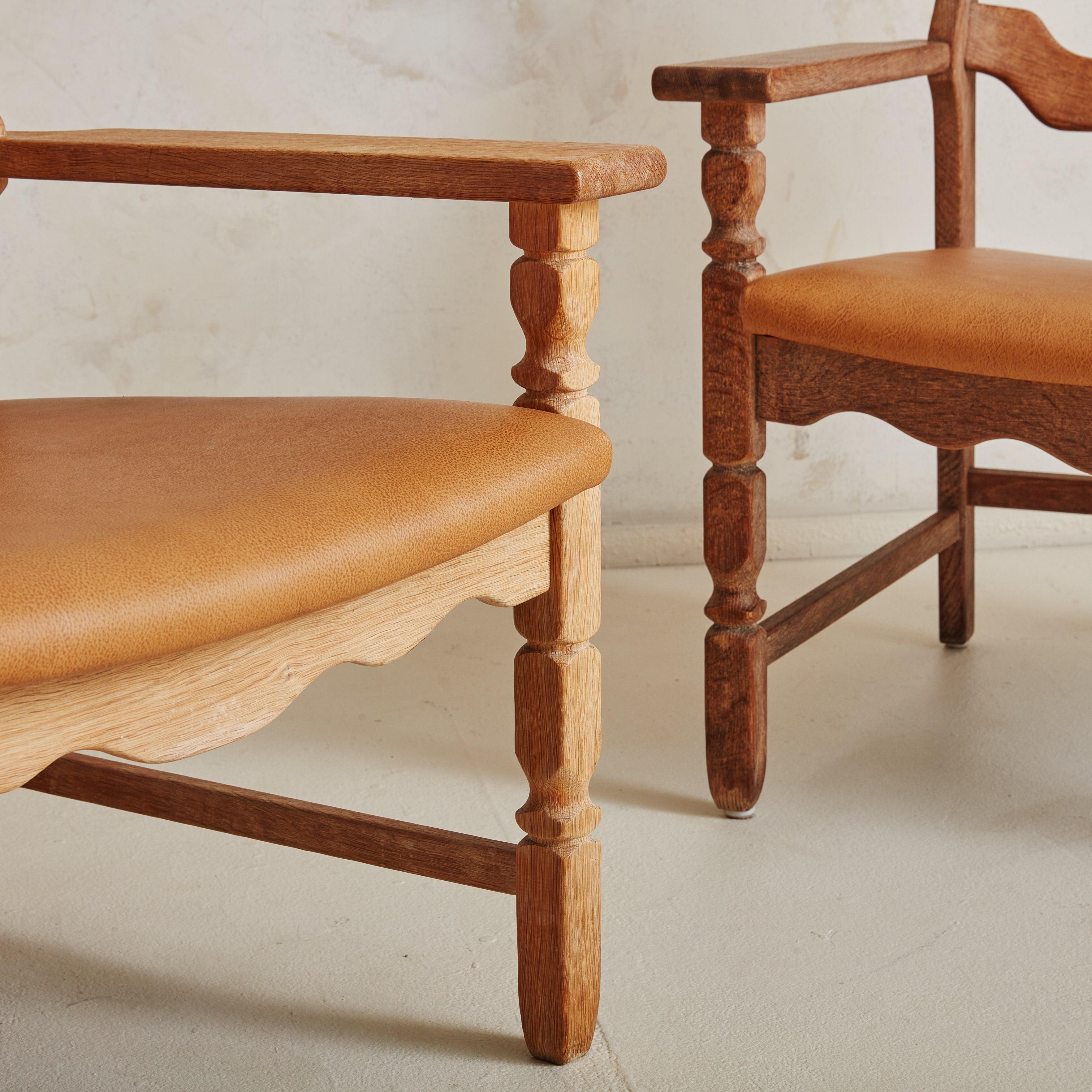 Danish Pair of Oak + Camel Leather Razorblade Armchairs Attributed to Henning Kjaernulf For Sale