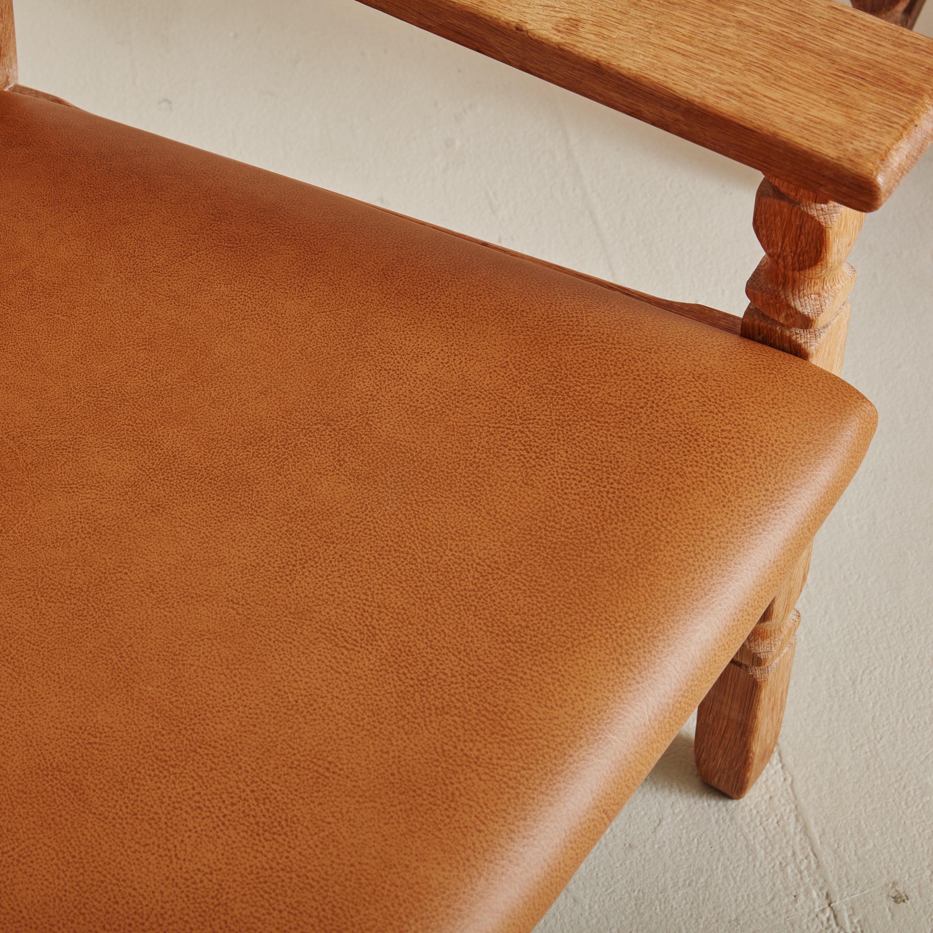 Pair of Oak + Camel Leather Razorblade Armchairs Attributed to Henning Kjaernulf In Excellent Condition For Sale In Chicago, IL