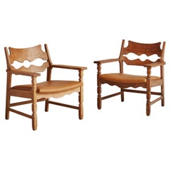 Pair of Oak + Camel Leather Razorblade Armchairs Attributed to Henning Kjaernulf