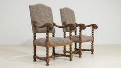 19th Century French Oak Castle Armchairs, Upholstered, Carved Frames