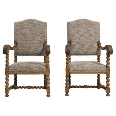 19th Century French Oak Castle Armchairs, Upholstered, Carved Frames