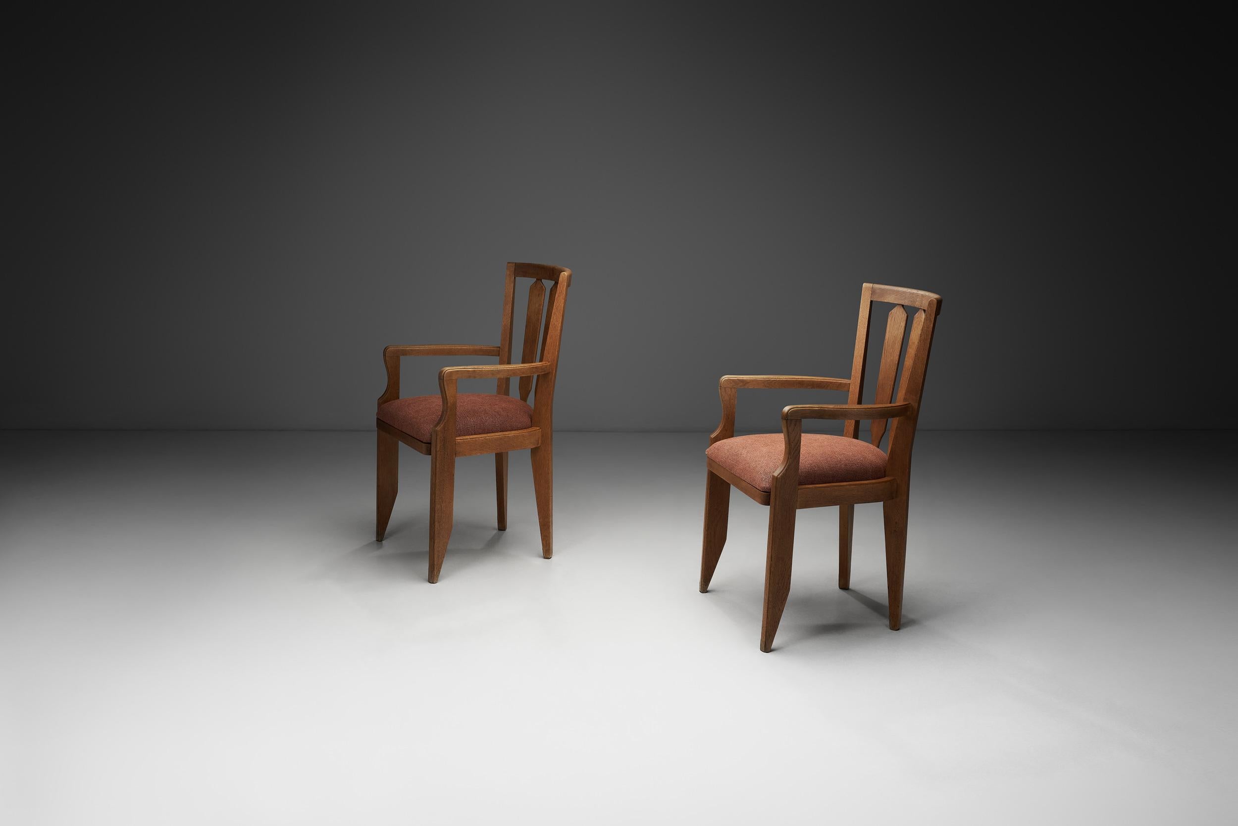 French Pair of Oak Chairs by Guillerme et Chambron, France Mid-20th Century For Sale