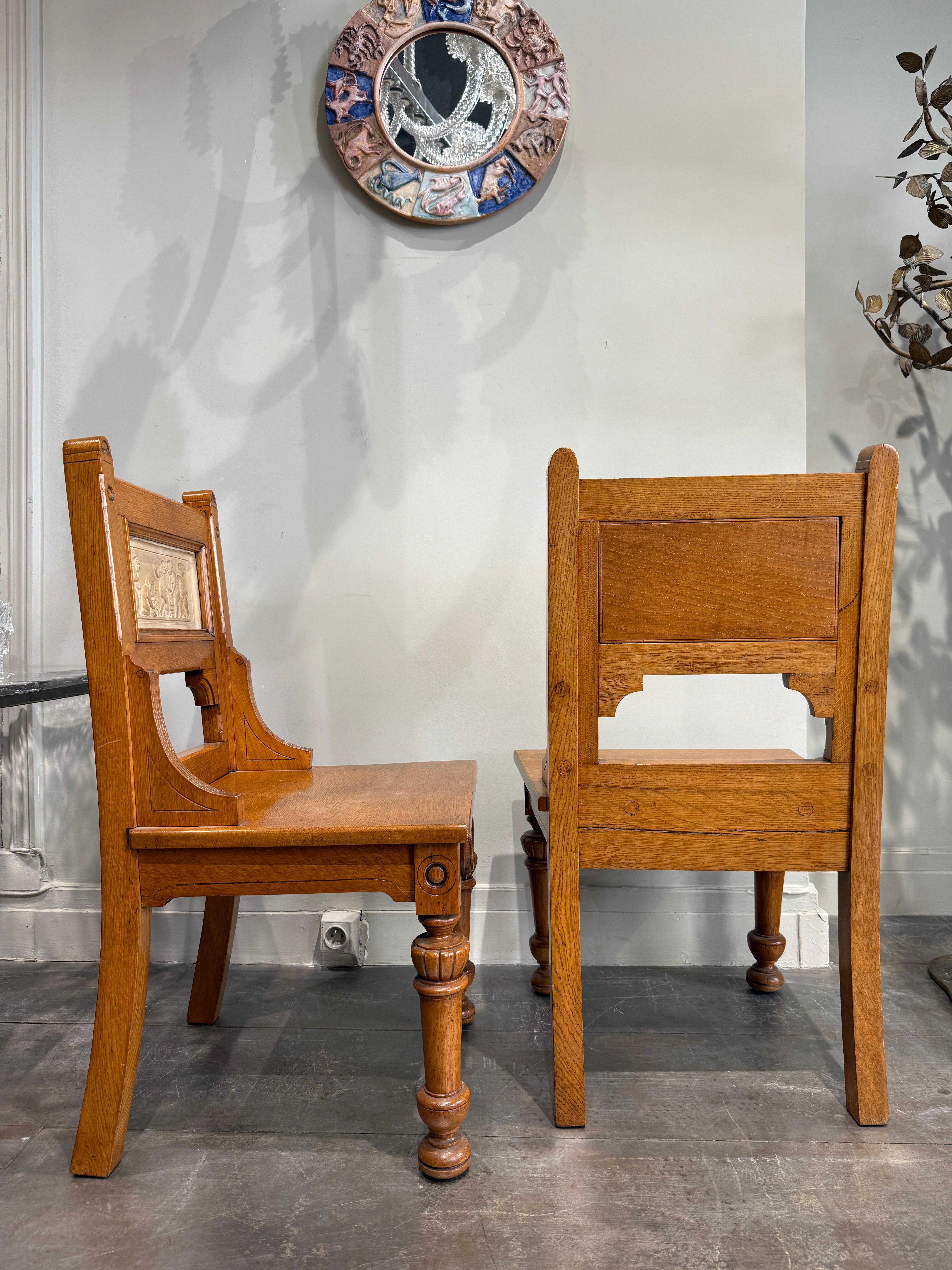 Unique pair of oak and ceramic chairs by Carlo Spicciani Italy circa 1920 
Very nice details and nice condition 