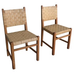 Pair of Oak Chairs with Cane Upholstery in Style of Pierre Jeanneret