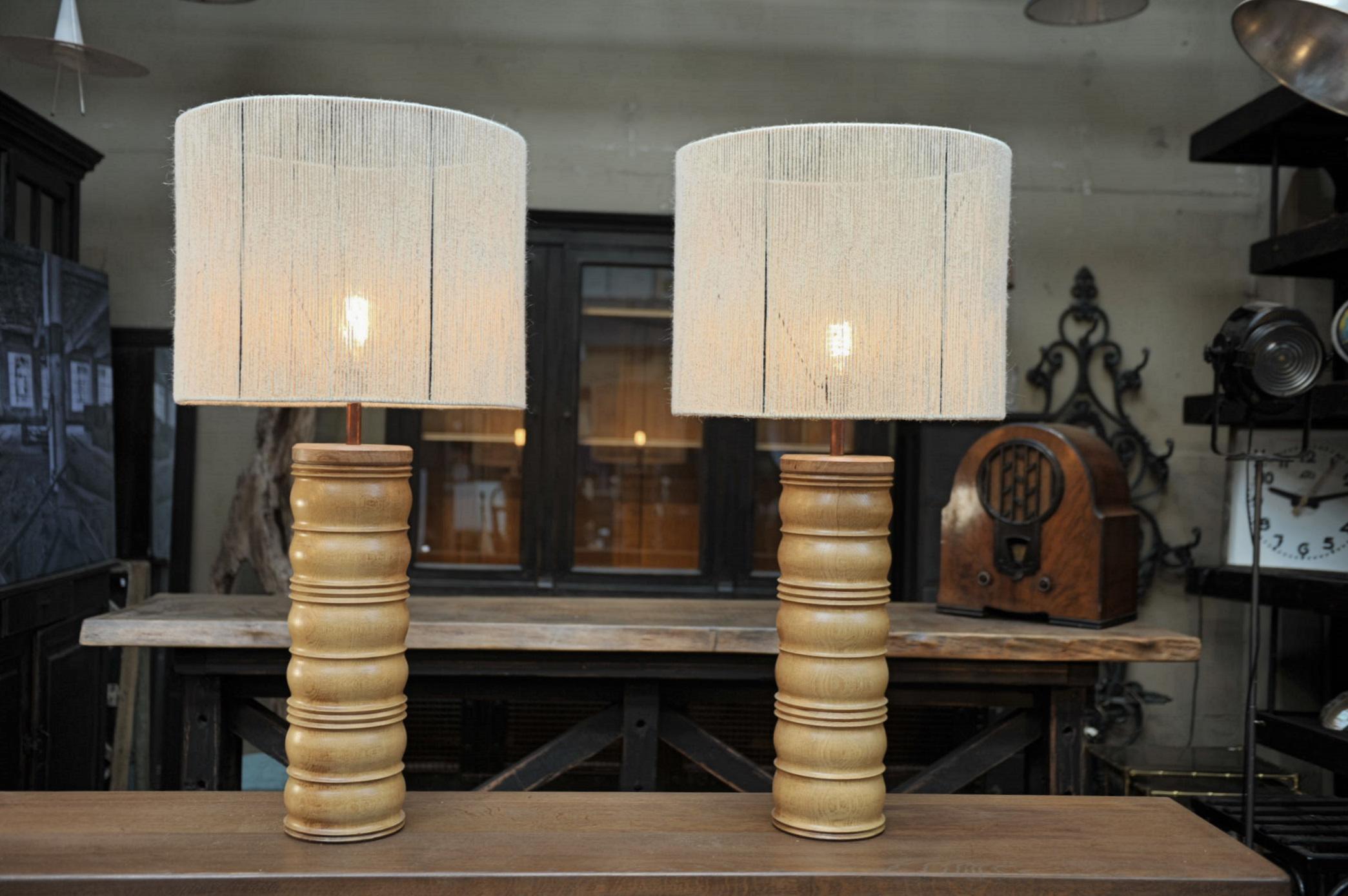 Mid-Century Modern Pair of Oak Charles Dudouyt Mid-Century Lamps, circa 1940 For Sale