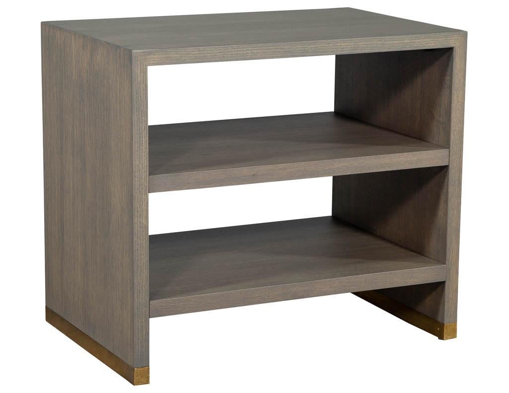 Modern Pair of Oak Console End Tables with Brass Accents For Sale