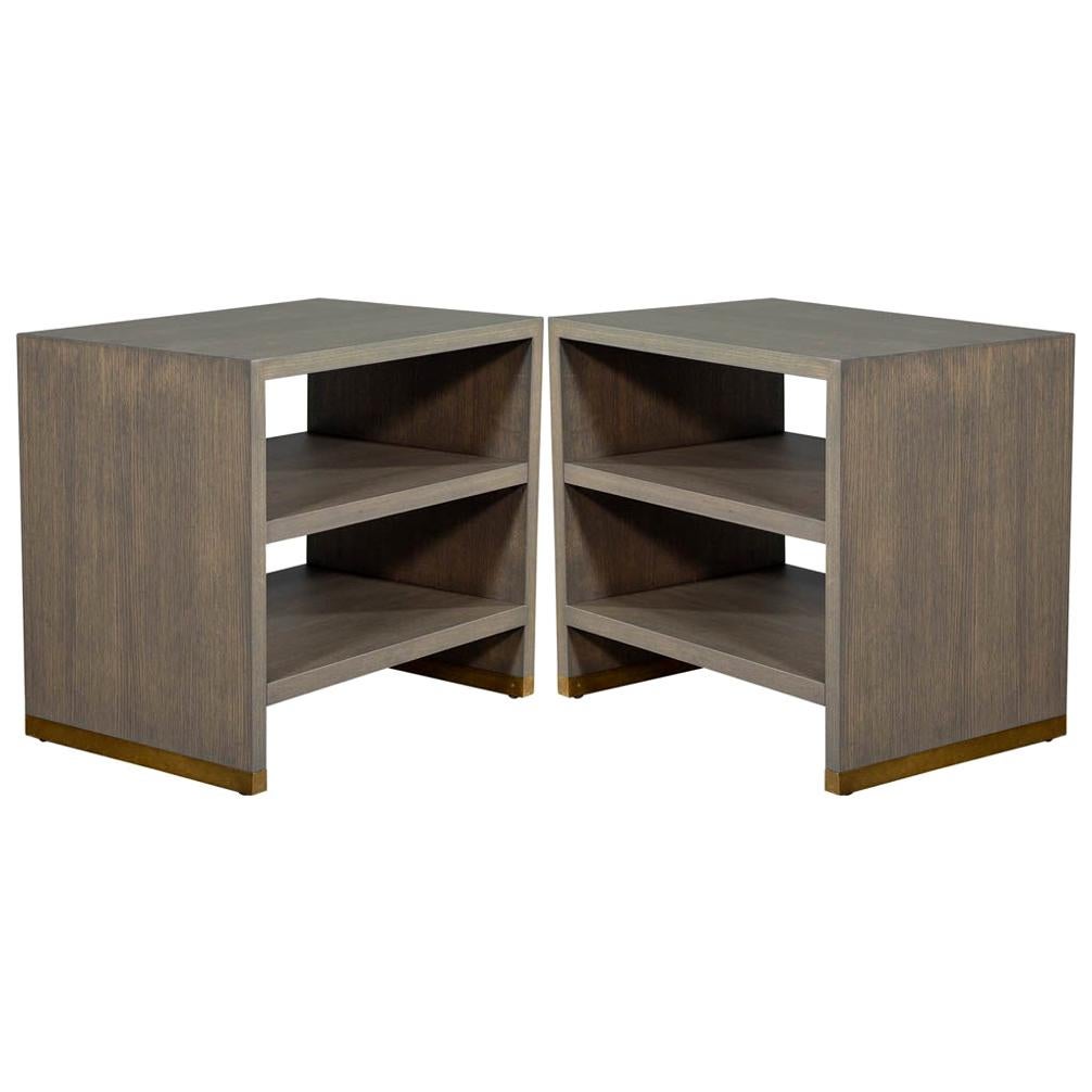 Pair of Oak Console End Tables with Brass Accents For Sale