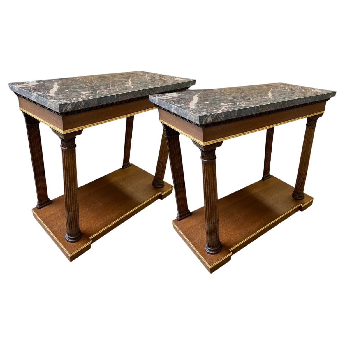 Pair of Narrow Painted Console Tables with Marble Tops at 1stDibs
