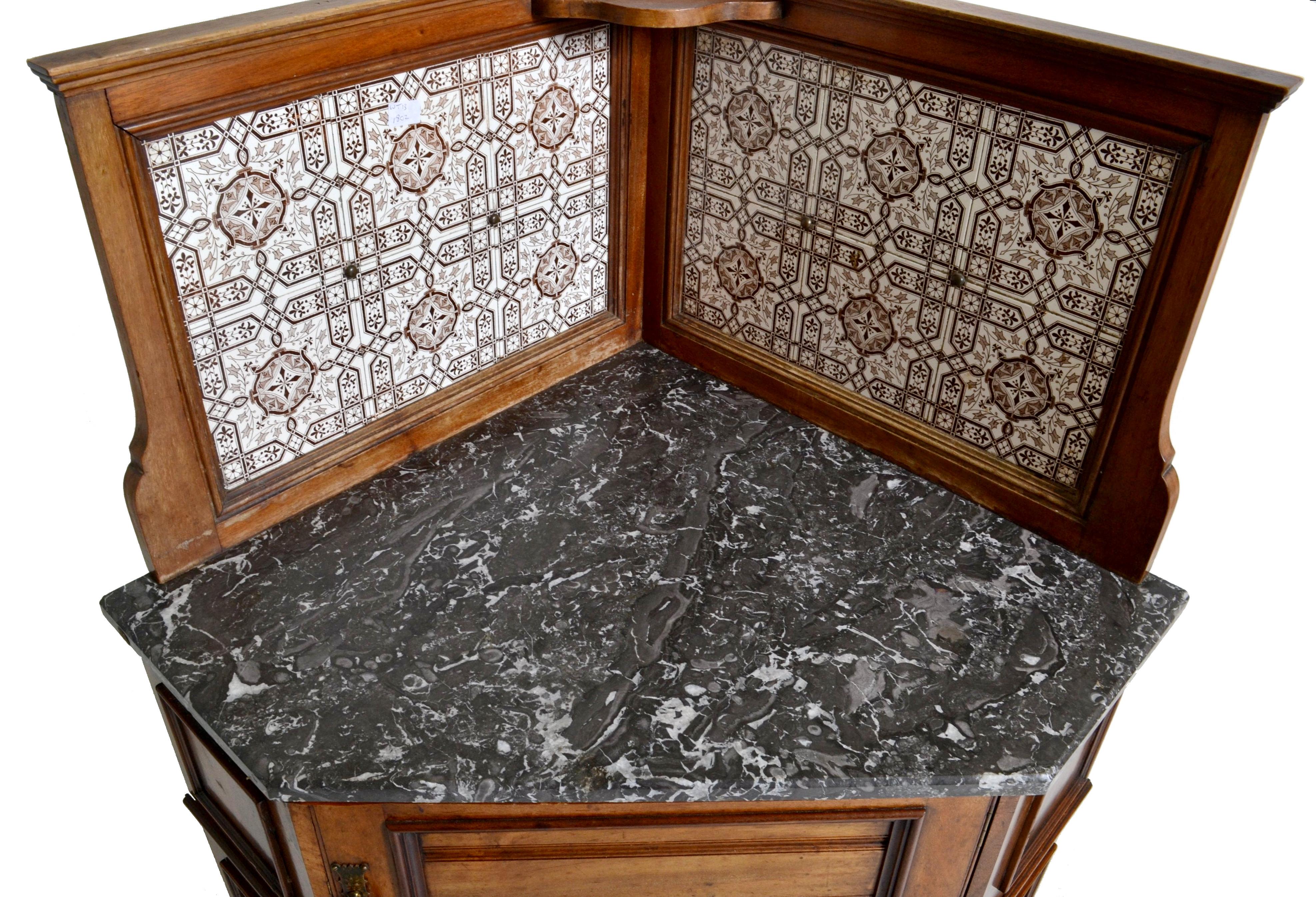 English Pair of Oak Corner Washstands with Minton's Tiles by Maple of London, circa 1875