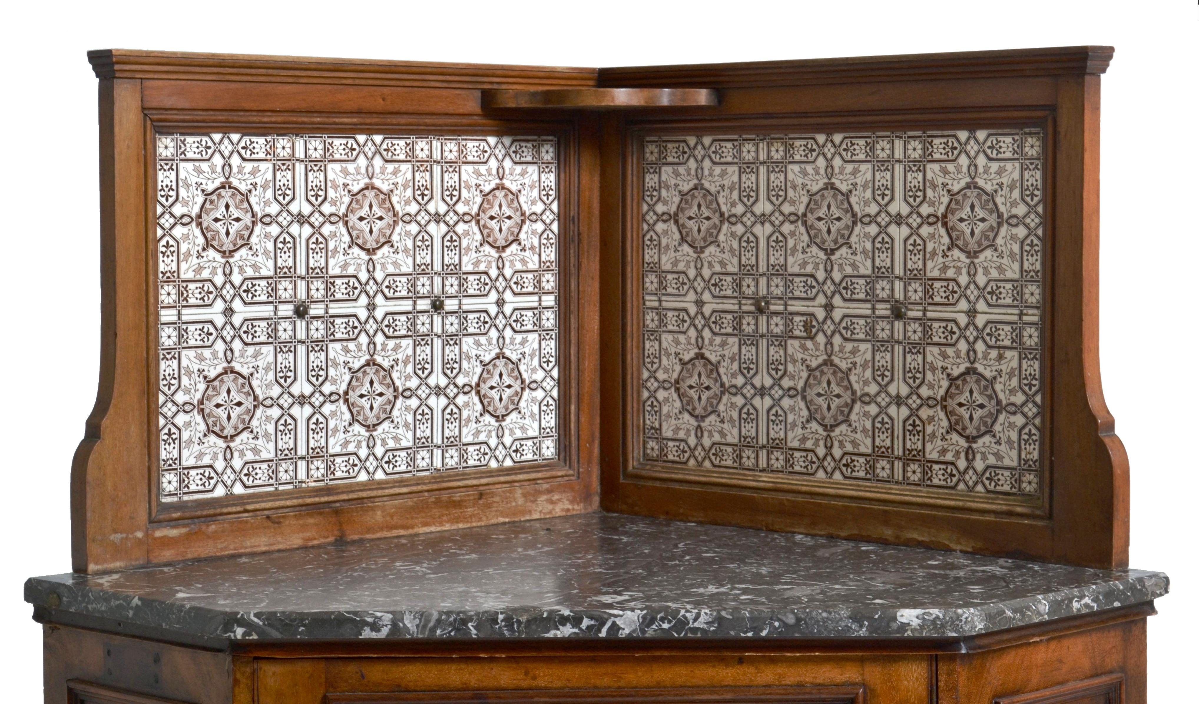 Late 19th Century Pair of Oak Corner Washstands with Minton's Tiles by Maple of London, circa 1875