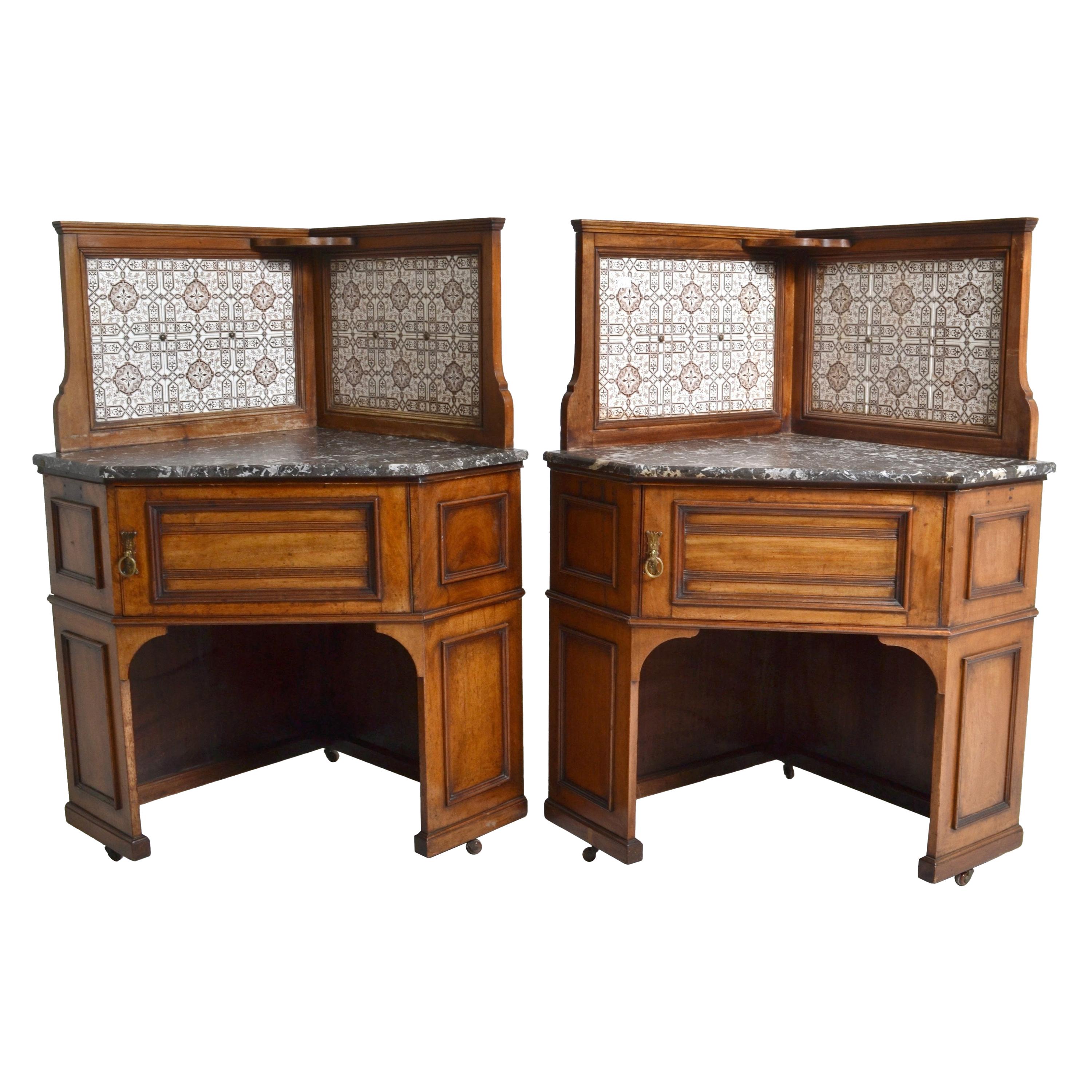Pair of Oak Corner Washstands with Minton's Tiles by Maple of London, circa 1875