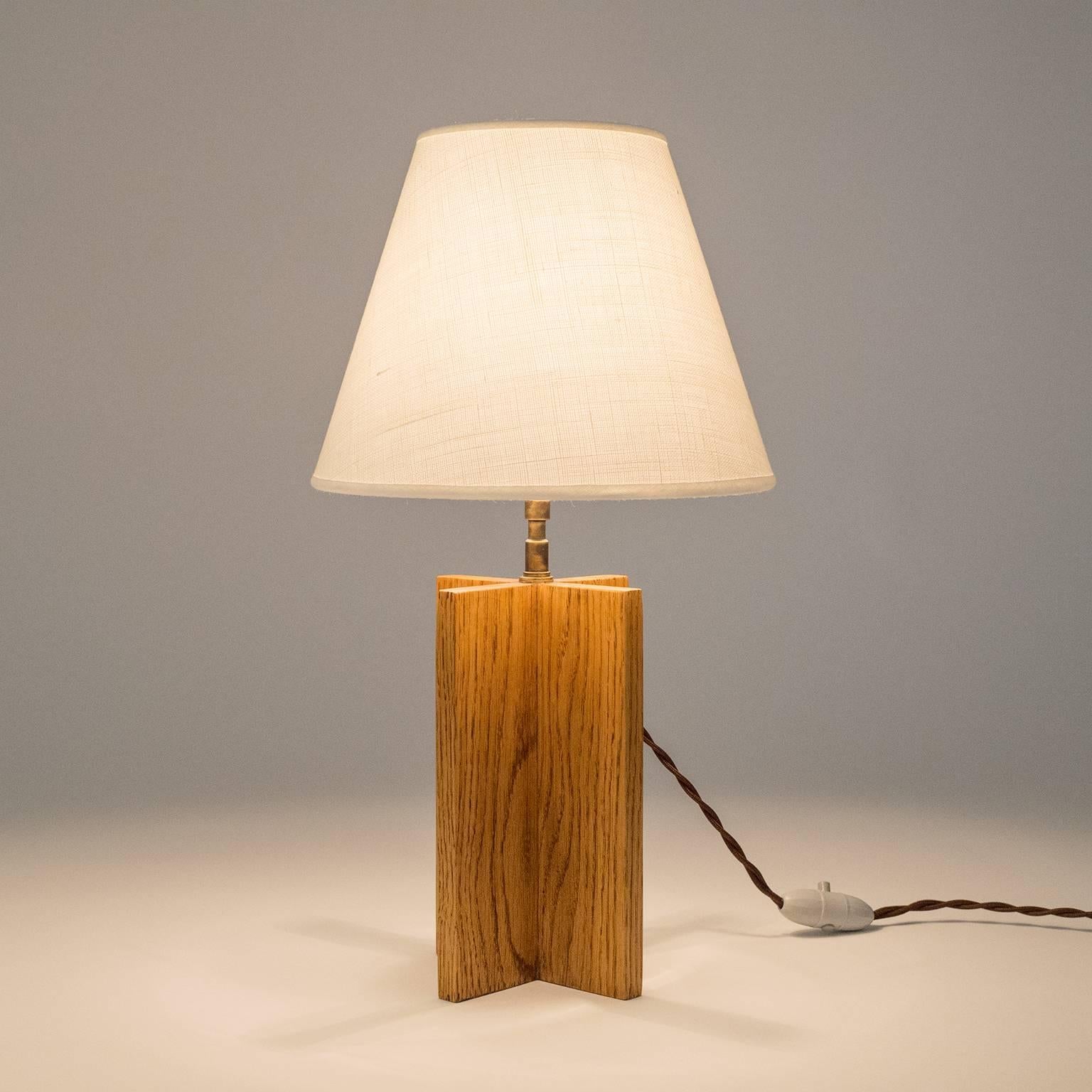 Brass Pair of Oak 'Croisillon' Table Lamps after Jean-Michel Frank
