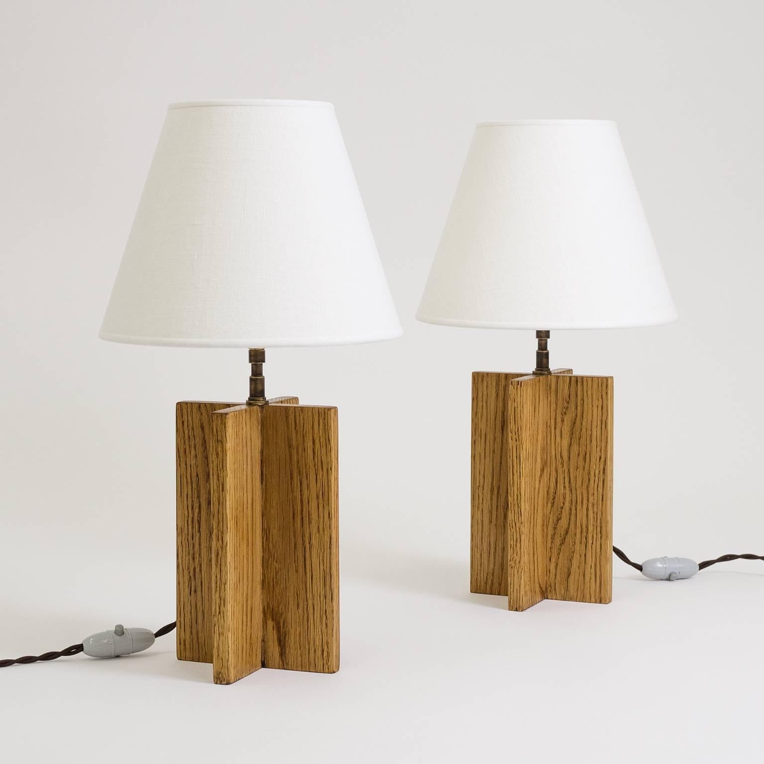Pair of Oak 'Croisillon' Table Lamps after Jean-Michel Frank In Good Condition In Vienna, AT