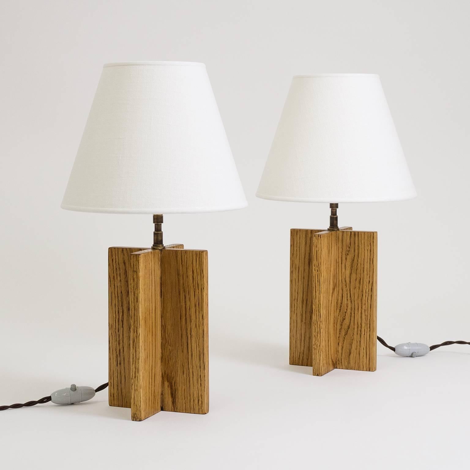 Mid-20th Century Pair of Oak 'Croisillon' Table Lamps after Jean-Michel Frank