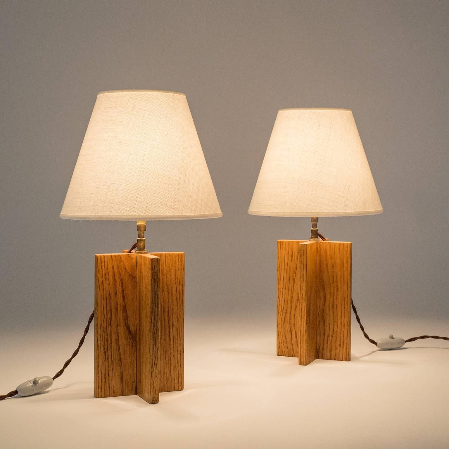 Linen Pair of Oak 'Croisillon' Table Lamps after Jean-Michel Frank
