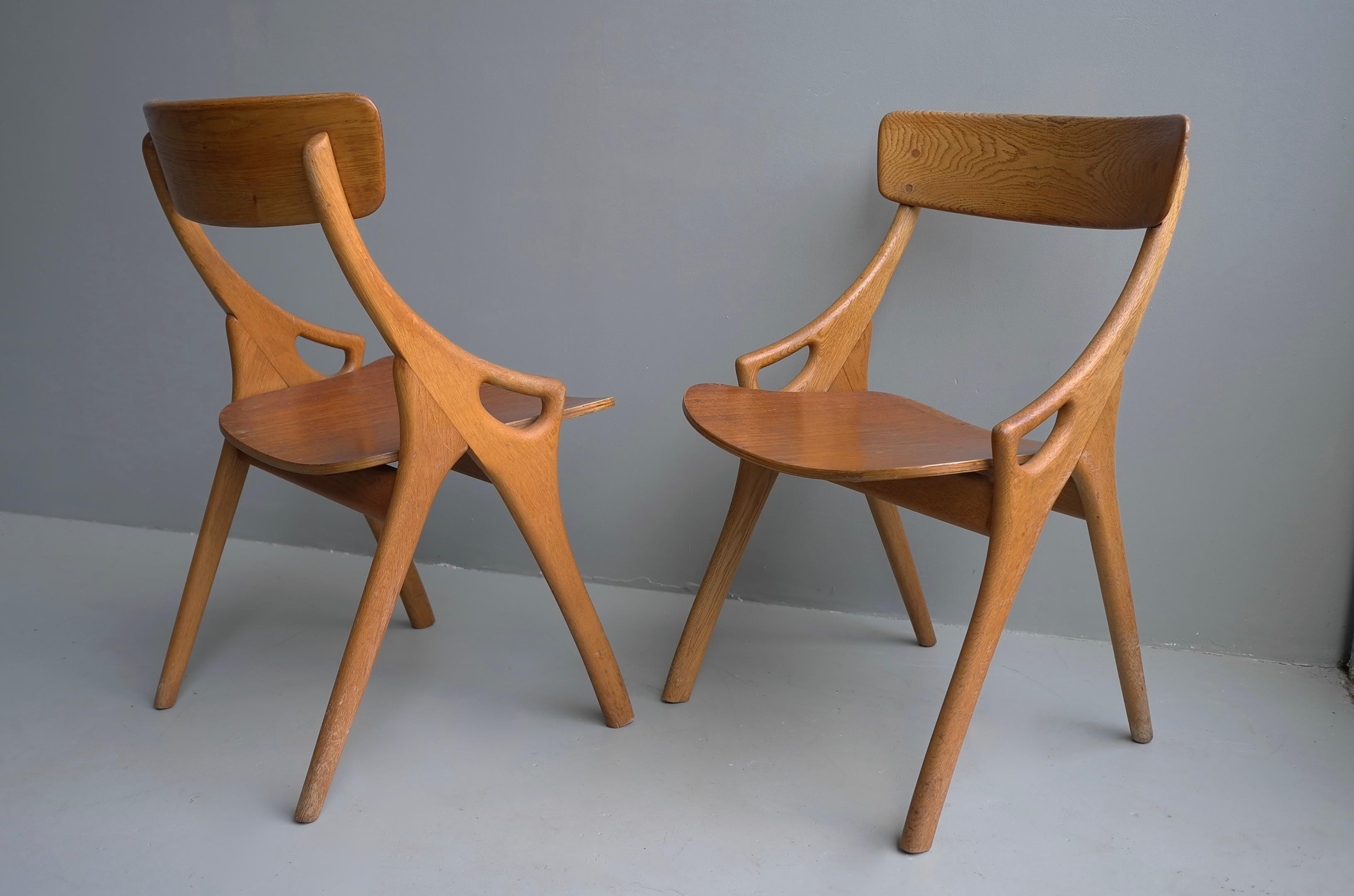 Pair of Oak Danish Dining or Side Chairs by Arne Hovmand-Olsen, Denmark, 1958 5