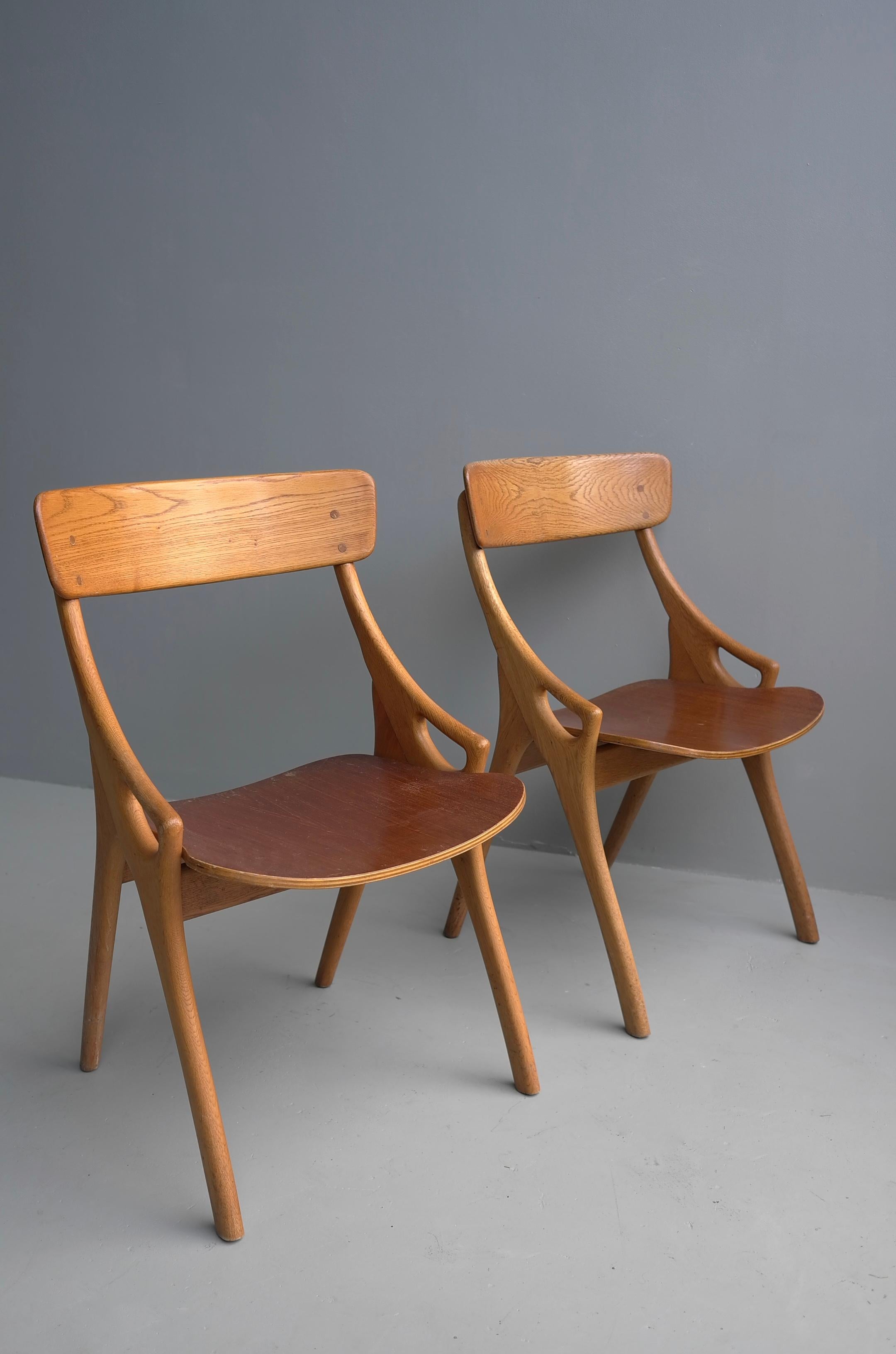 Pair of Oak Danish Dining or Side Chairs by Arne Hovmand-Olsen, Denmark, 1958 1