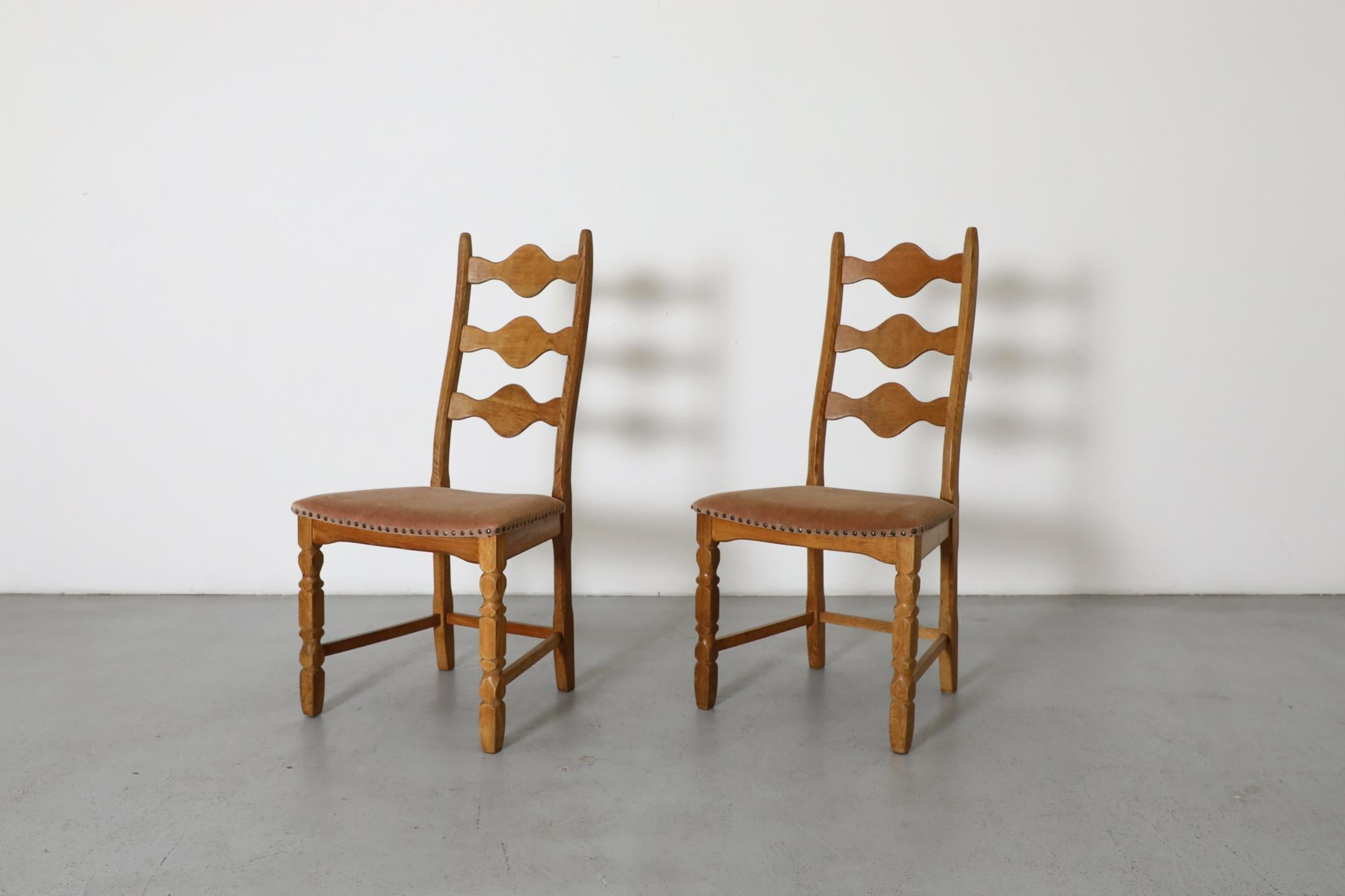Danish Pair of Oak Decorative Back Dining Chairs by Henning Kjaernulf For Sale