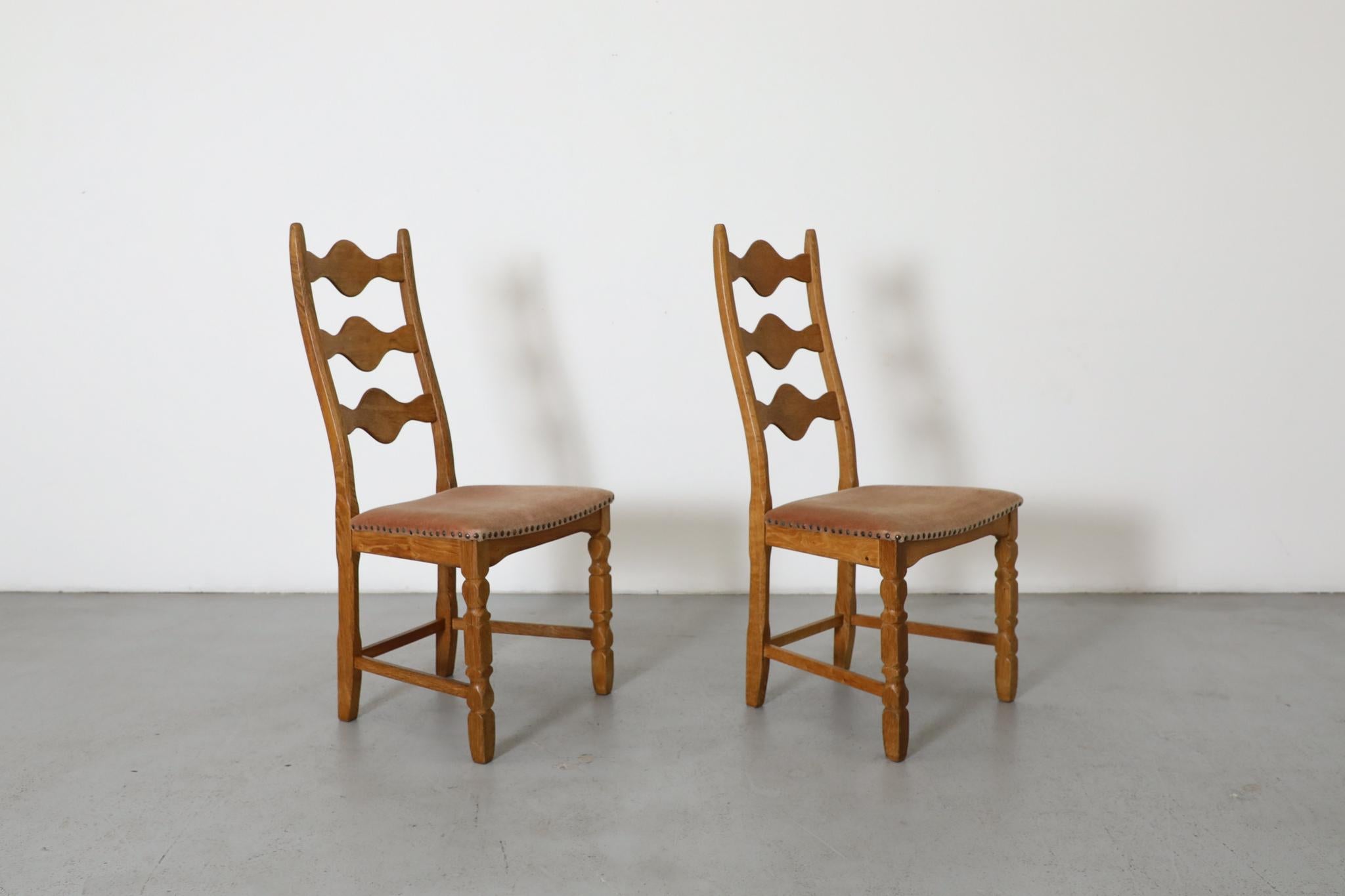 Fabric Pair of Oak Decorative Back Dining Chairs by Henning Kjaernulf For Sale
