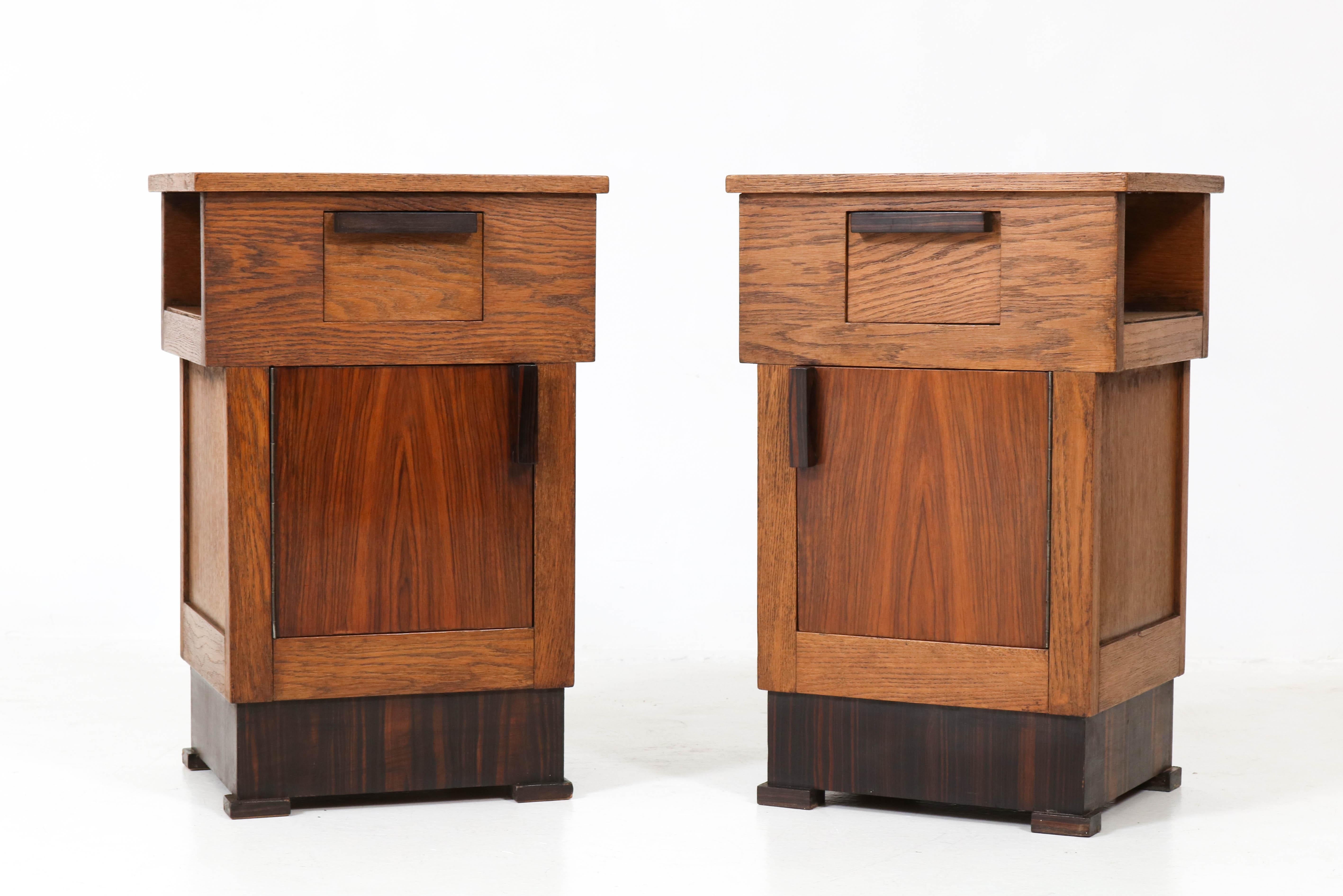 Early 20th Century Pair of Oak Dutch Art Deco Haagse School Bedside Tables or Nightstands, 1920s