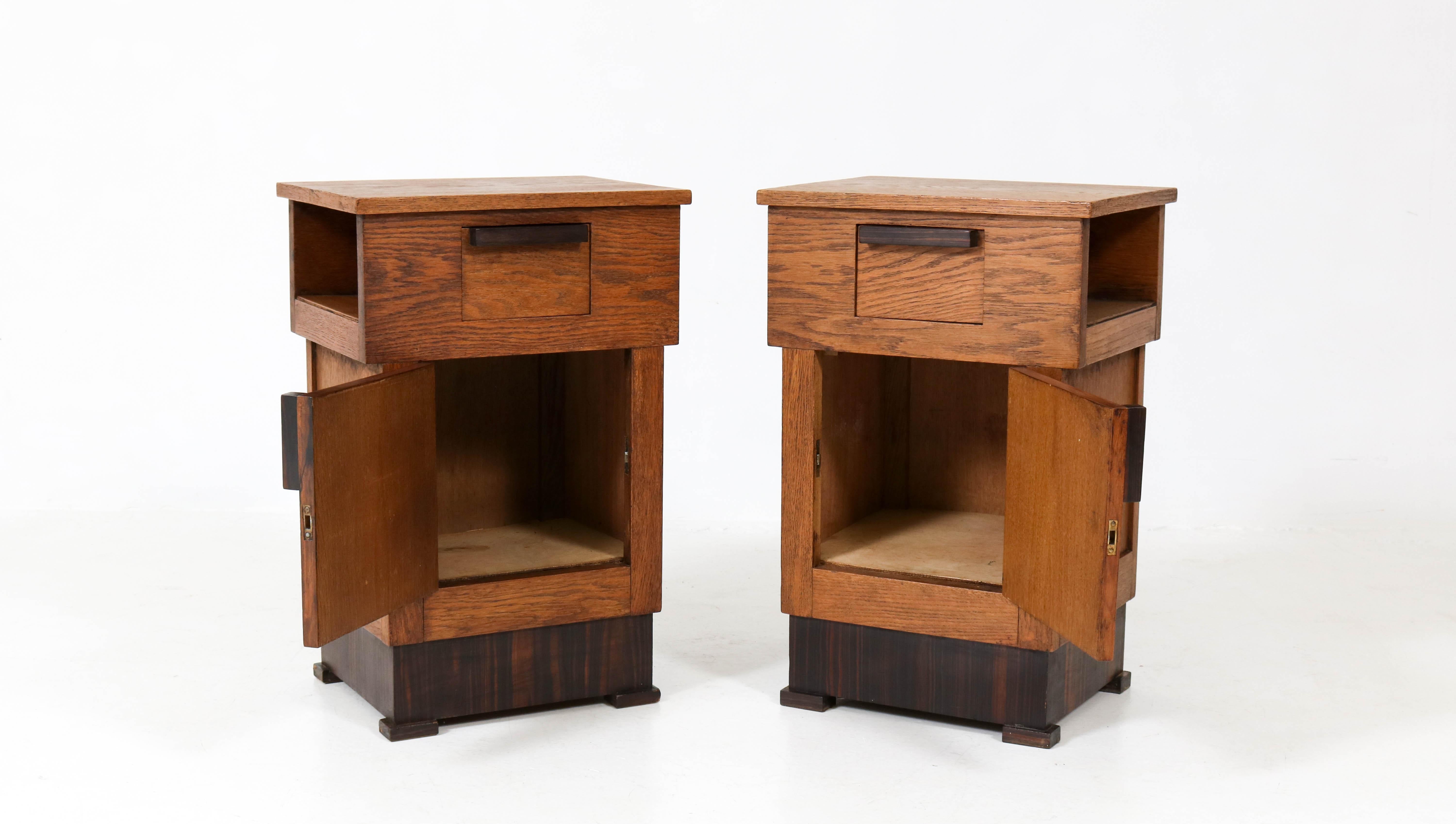 Macassar Pair of Oak Dutch Art Deco Haagse School Bedside Tables or Nightstands, 1920s