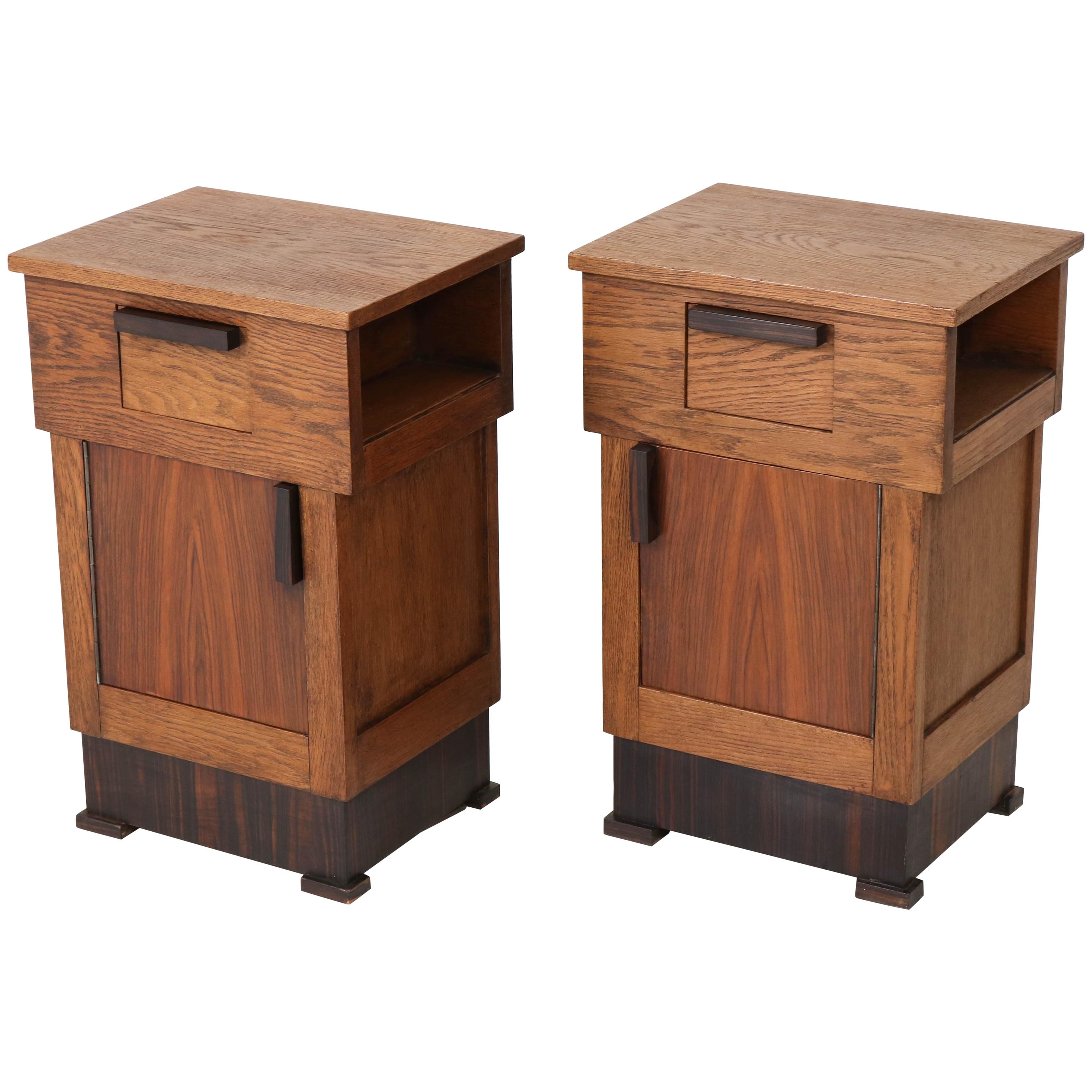 Pair of Oak Dutch Art Deco Haagse School Bedside Tables or Nightstands, 1920s